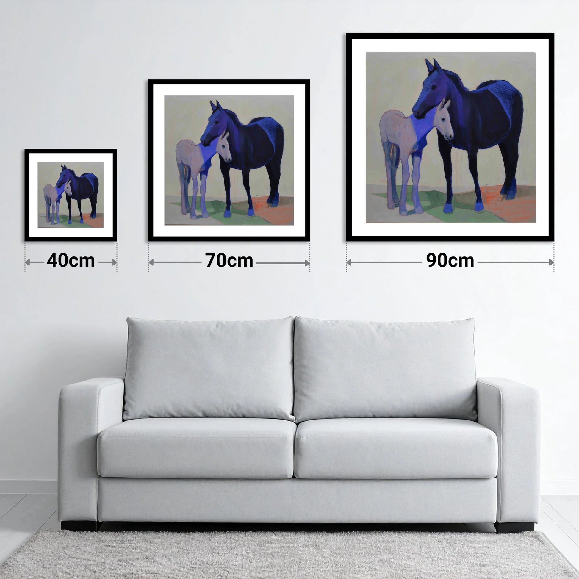 Indigo Embrace - size guide showing 40cm, 70cm and 90cm art prints