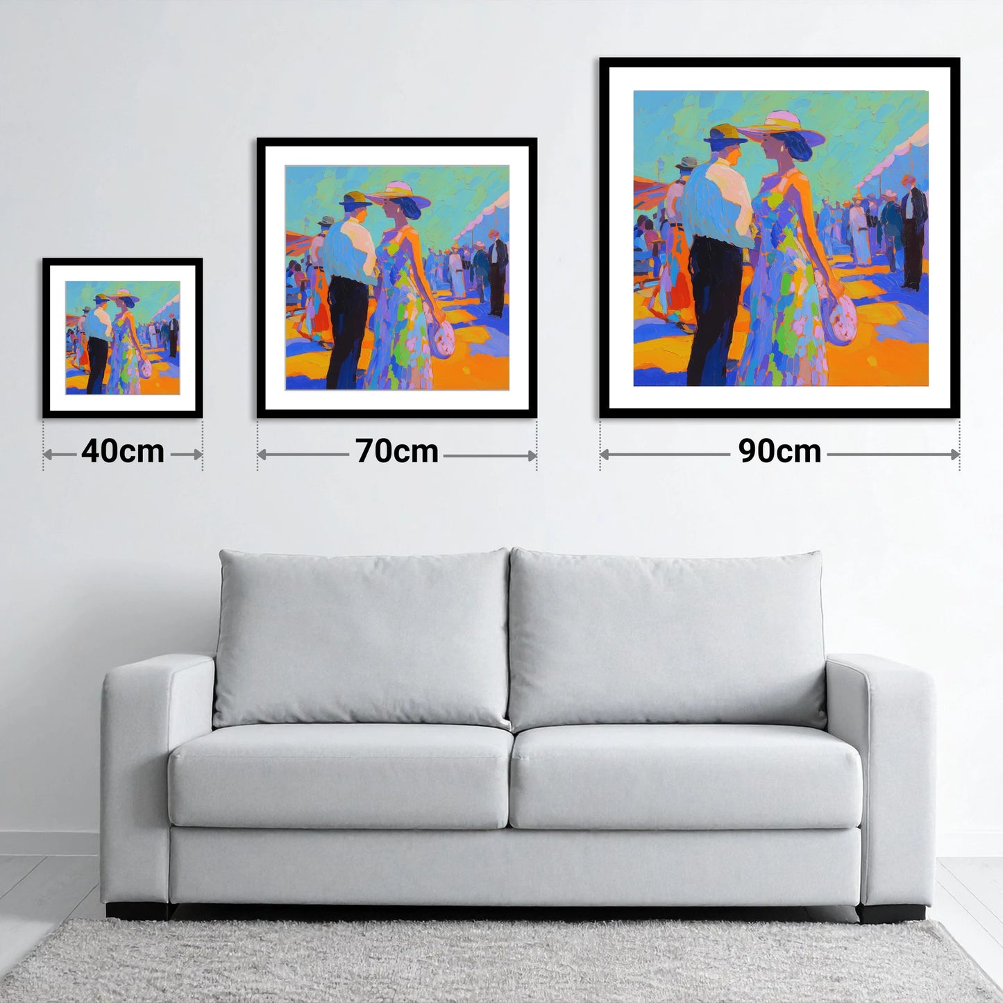 Trackside Society - size guide showing 40cm, 70cm and 90cm art prints