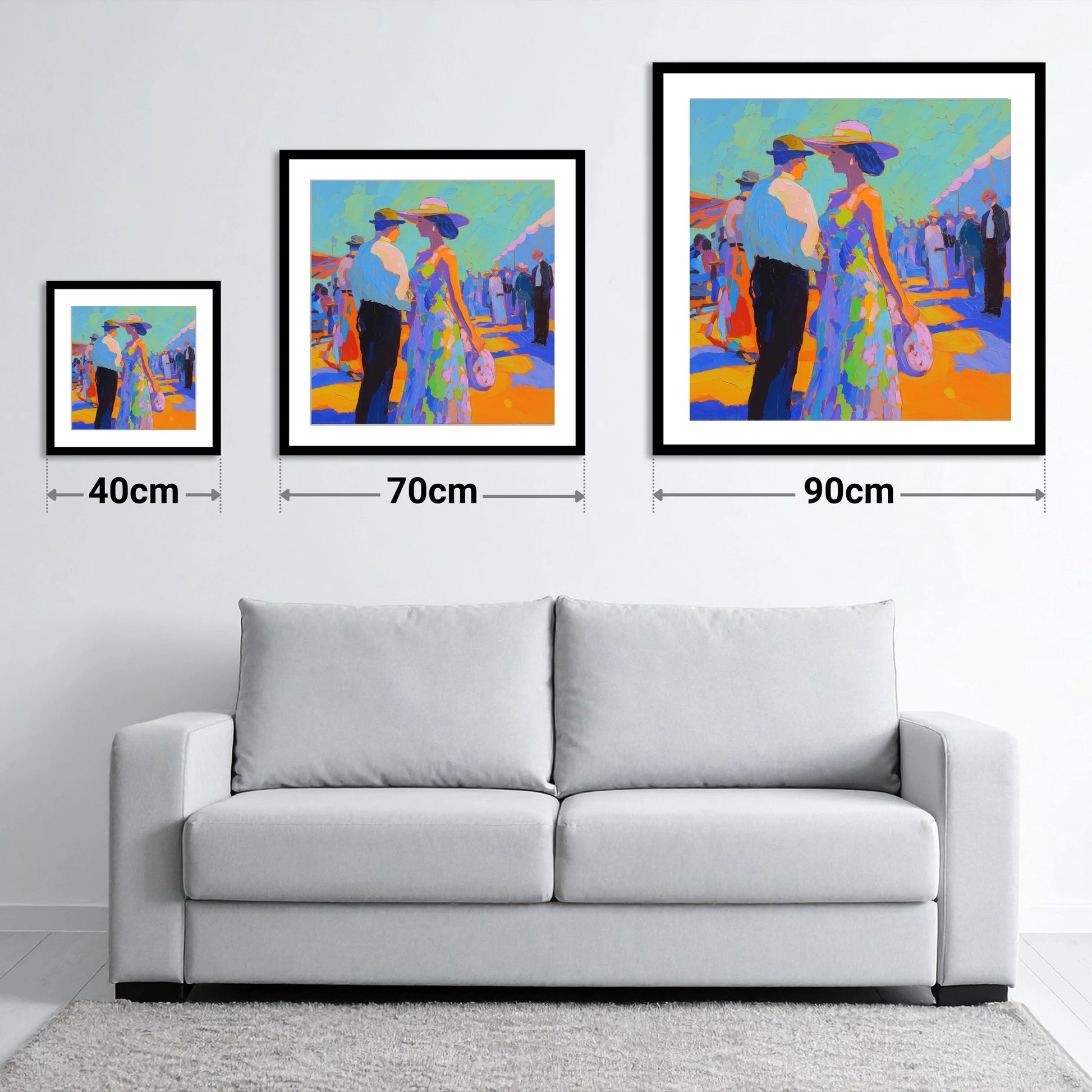 Trackside Society - size guide showing 40cm, 70cm and 90cm art prints
