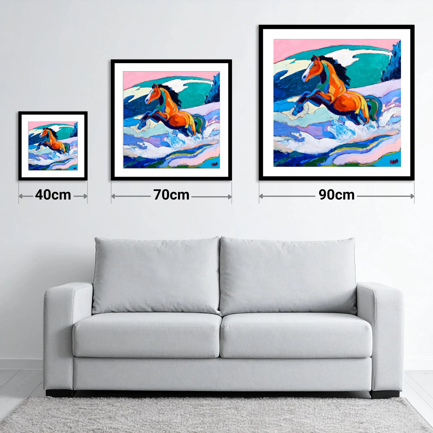 Vivid Coastal Leap - size guide showing 40cm, 70cm and 90cm art prints