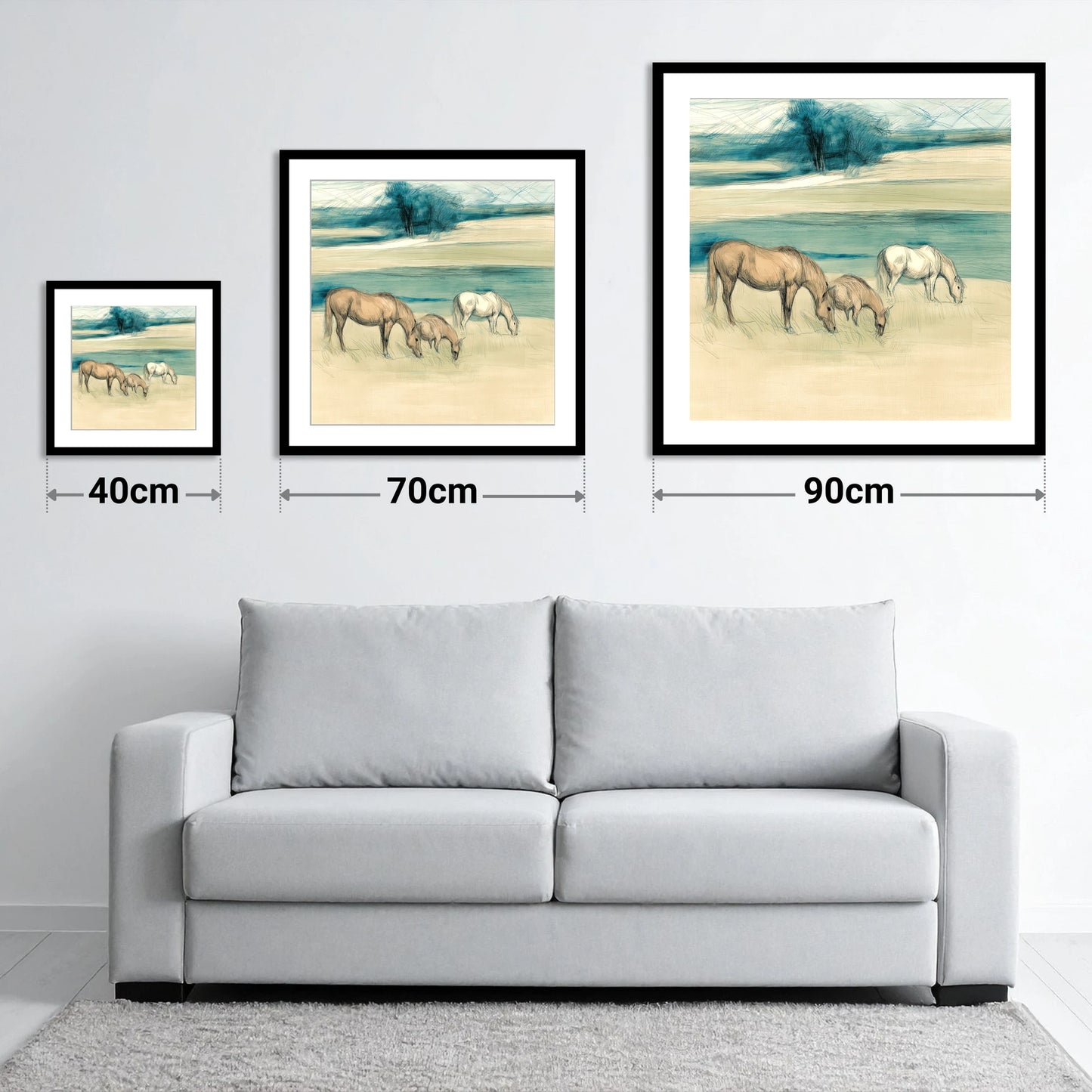 Tranquil Teal Pastures - size guide showing 40cm, 70cm and 90cm art prints