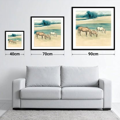 Tranquil Teal Pastures - size guide showing 40cm, 70cm and 90cm art prints