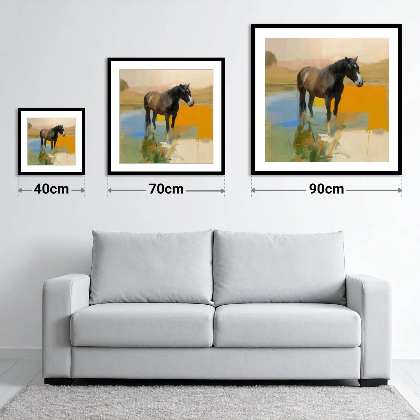 Reflections in Ochre - size guide showing 40cm, 70cm and 90cm art prints