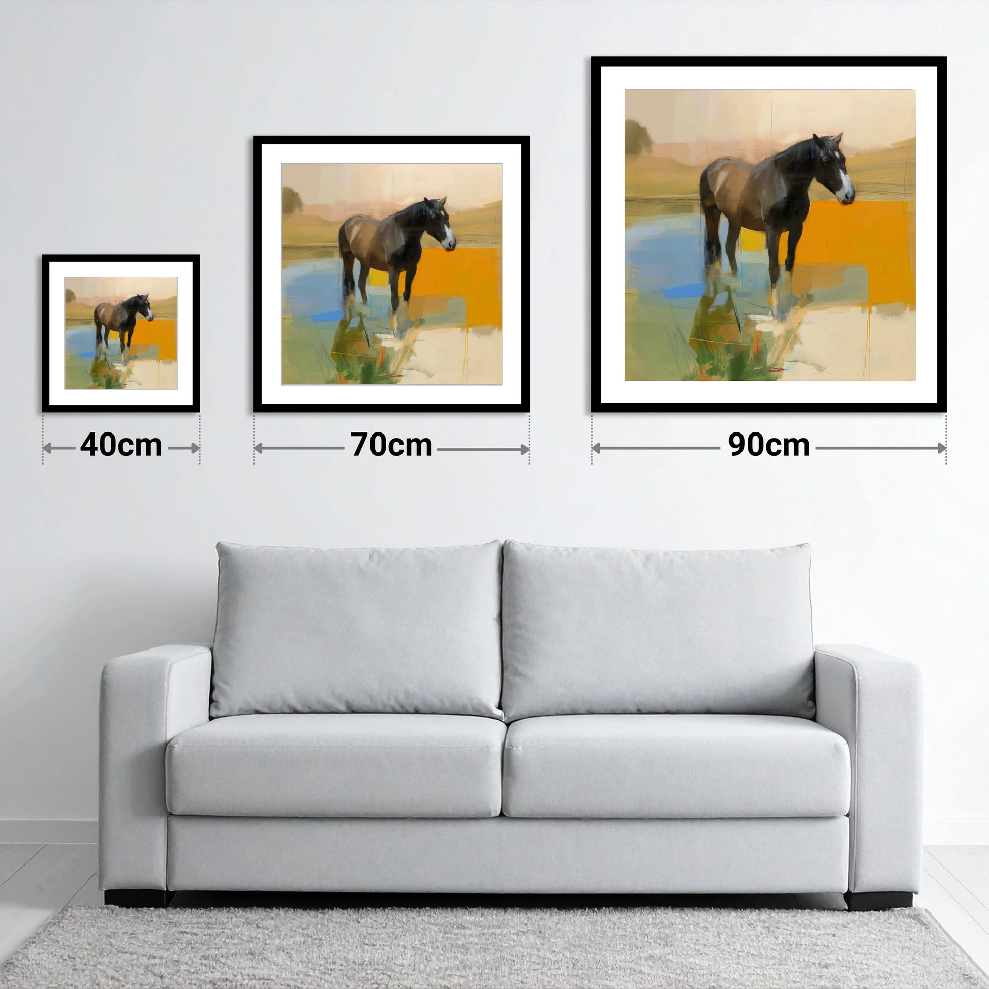 Reflections in Ochre - size guide showing 40cm, 70cm and 90cm art prints