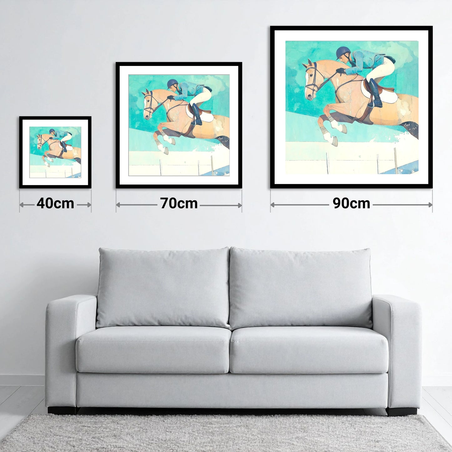 Aquamarine Flight - size guide showing 40cm, 70cm and 90cm art prints