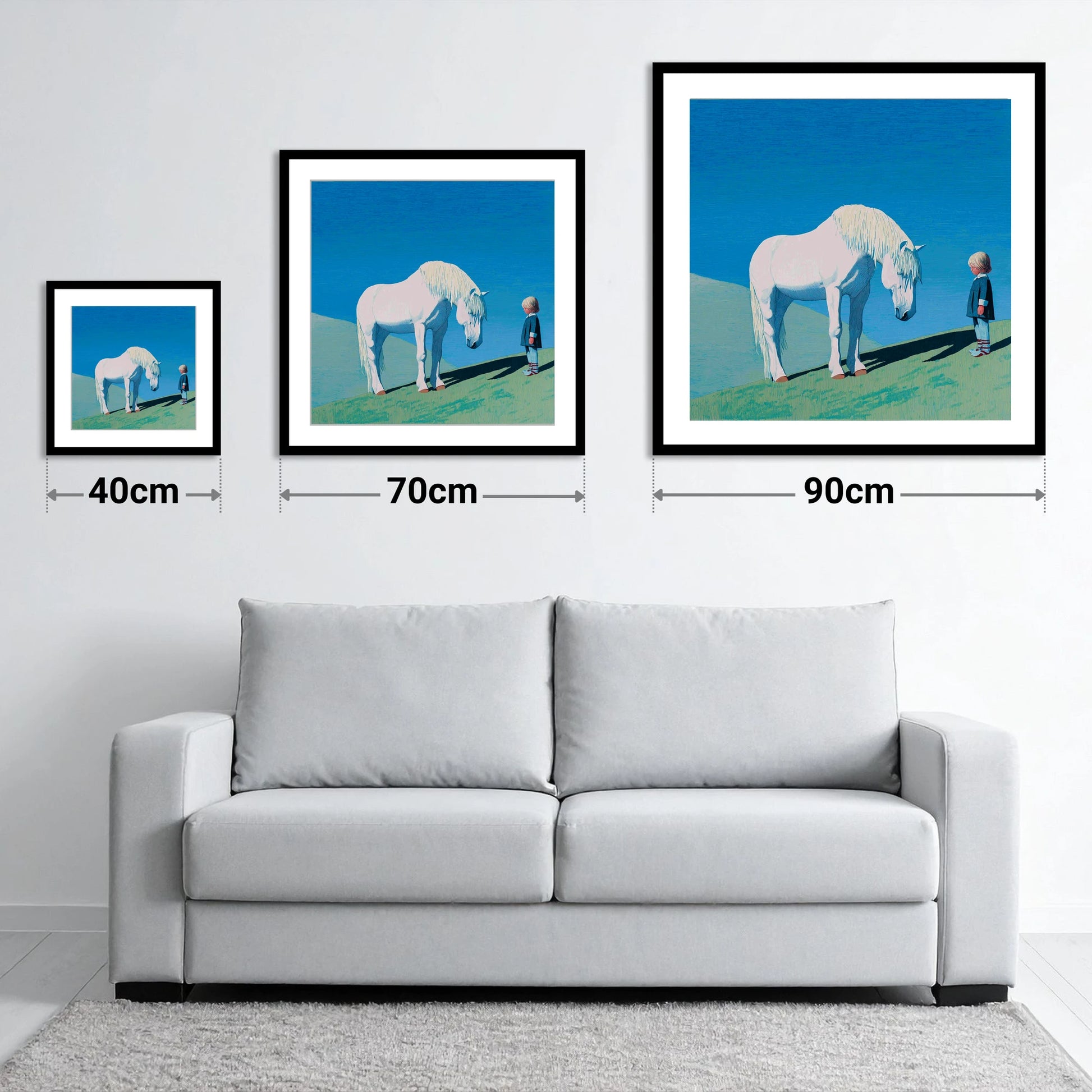 The Gentle Meeting - size guide showing 40cm, 70cm and 90cm art prints