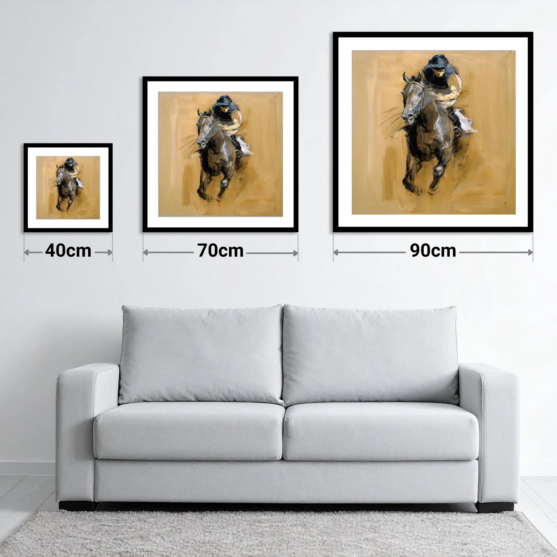 The Final Furlong - size guide showing 40cm, 70cm and 90cm art prints