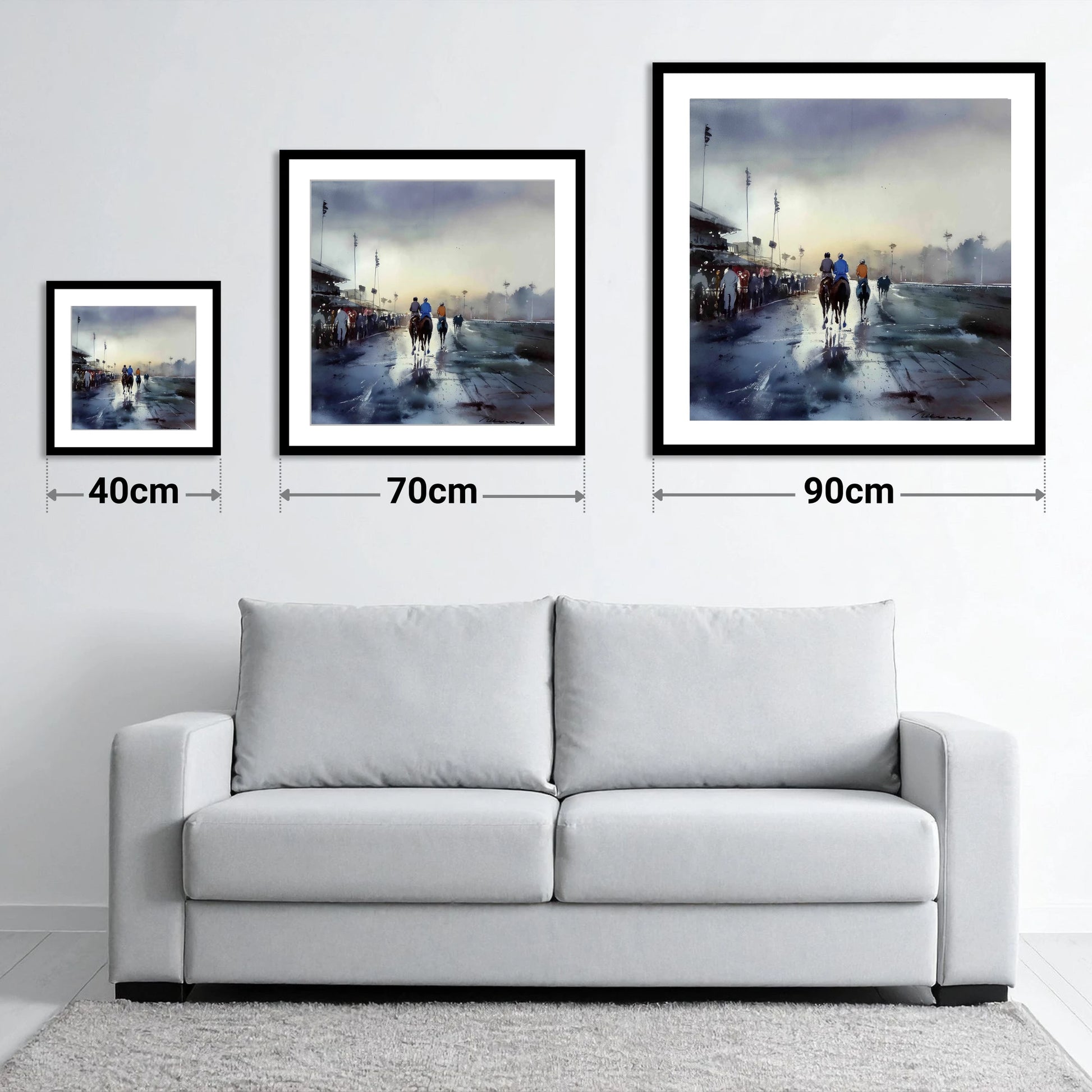 Dawn at the Track - size guide showing 40cm, 70cm and 90cm art prints