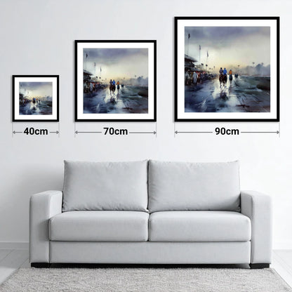 Dawn at the Track - size guide showing 40cm, 70cm and 90cm art prints