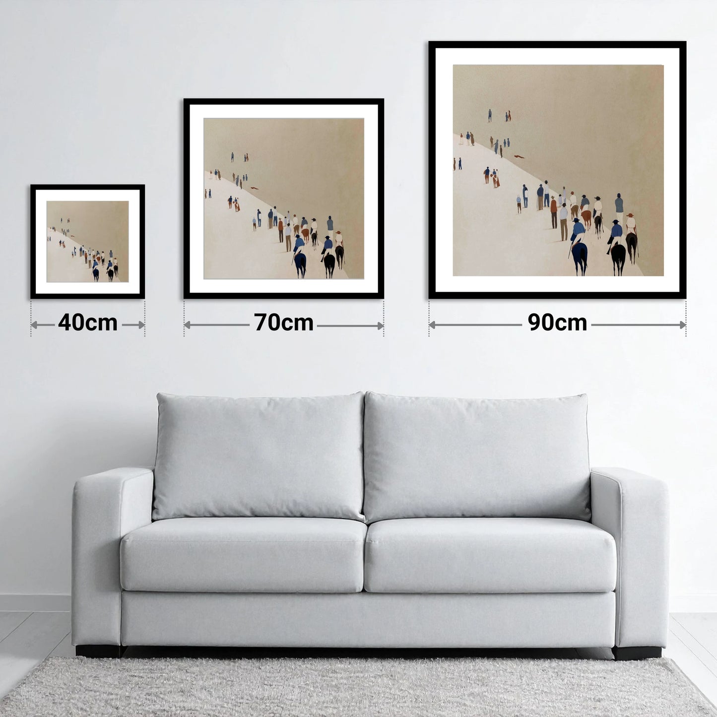 Distant Racegoers - size guide showing 40cm, 70cm and 90cm art prints