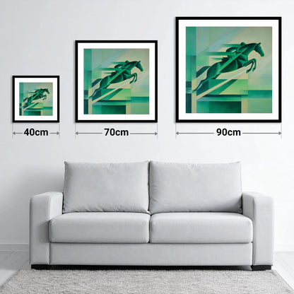 Emerald Momentum - size guide showing 40cm, 70cm and 90cm art prints