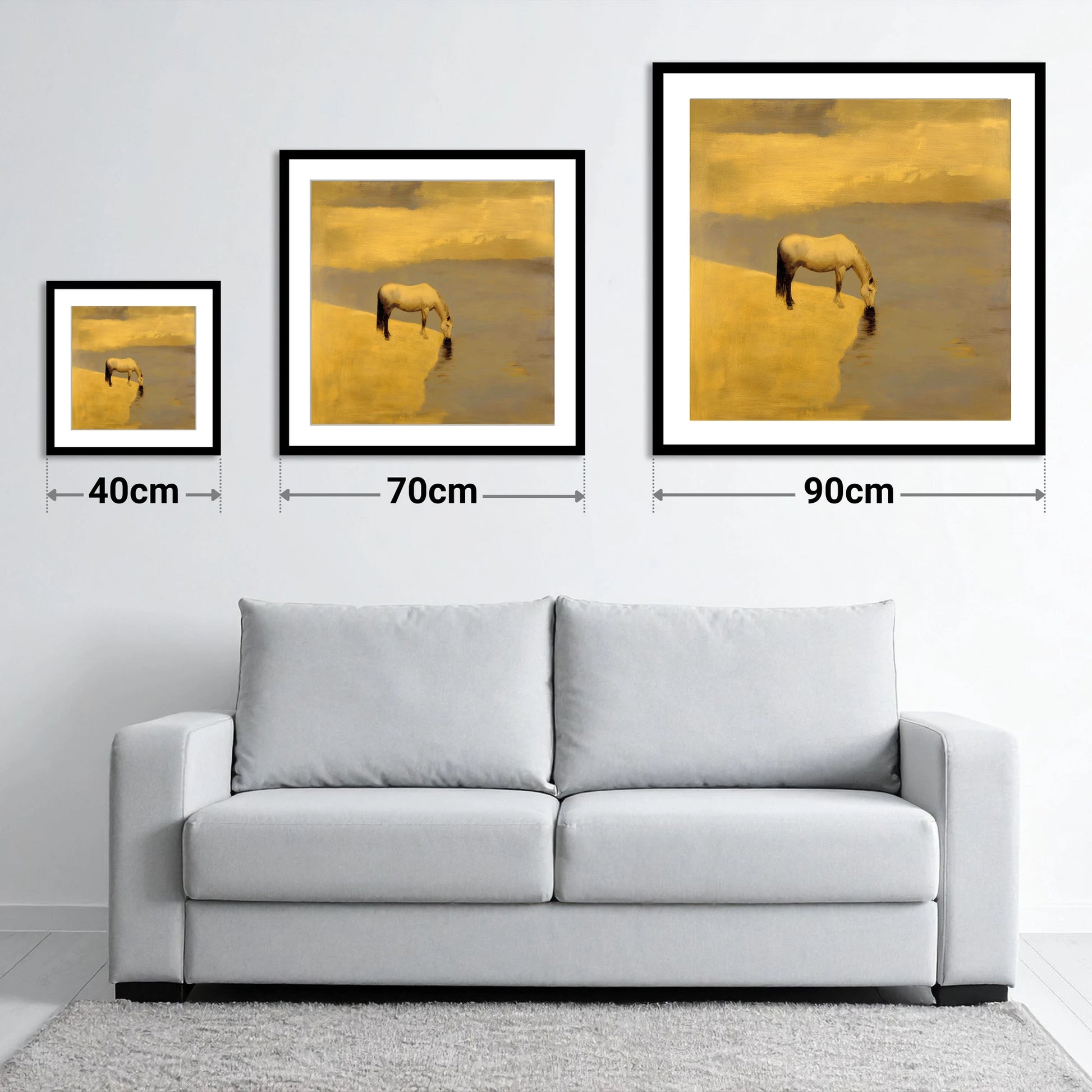 Stillness at the Water's Edge - size guide showing 40cm, 70cm and 90cm art prints