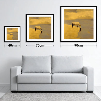 Stillness at the Water's Edge - size guide showing 40cm, 70cm and 90cm art prints
