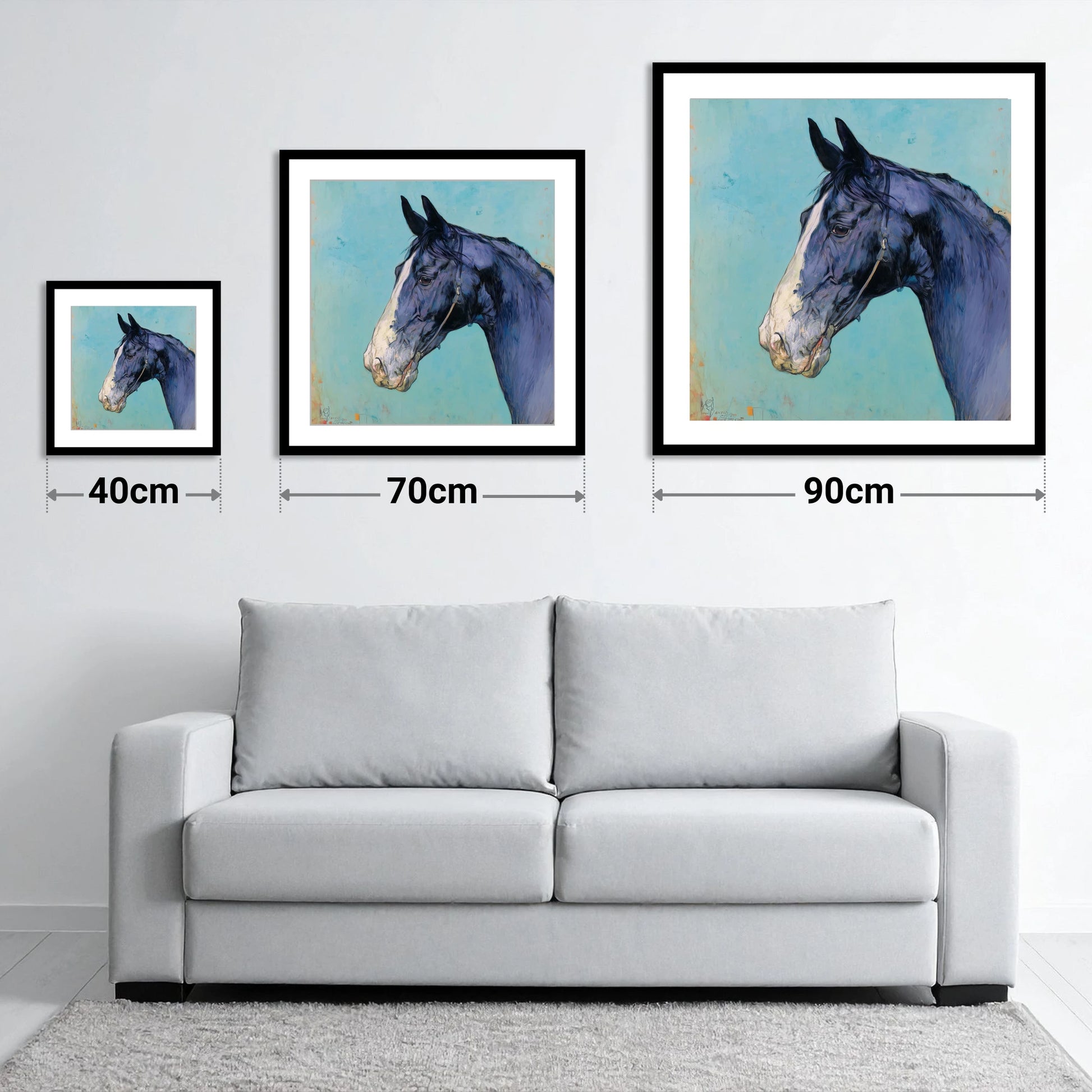 Azure Equine Profile - size guide showing 40cm, 70cm and 90cm art prints