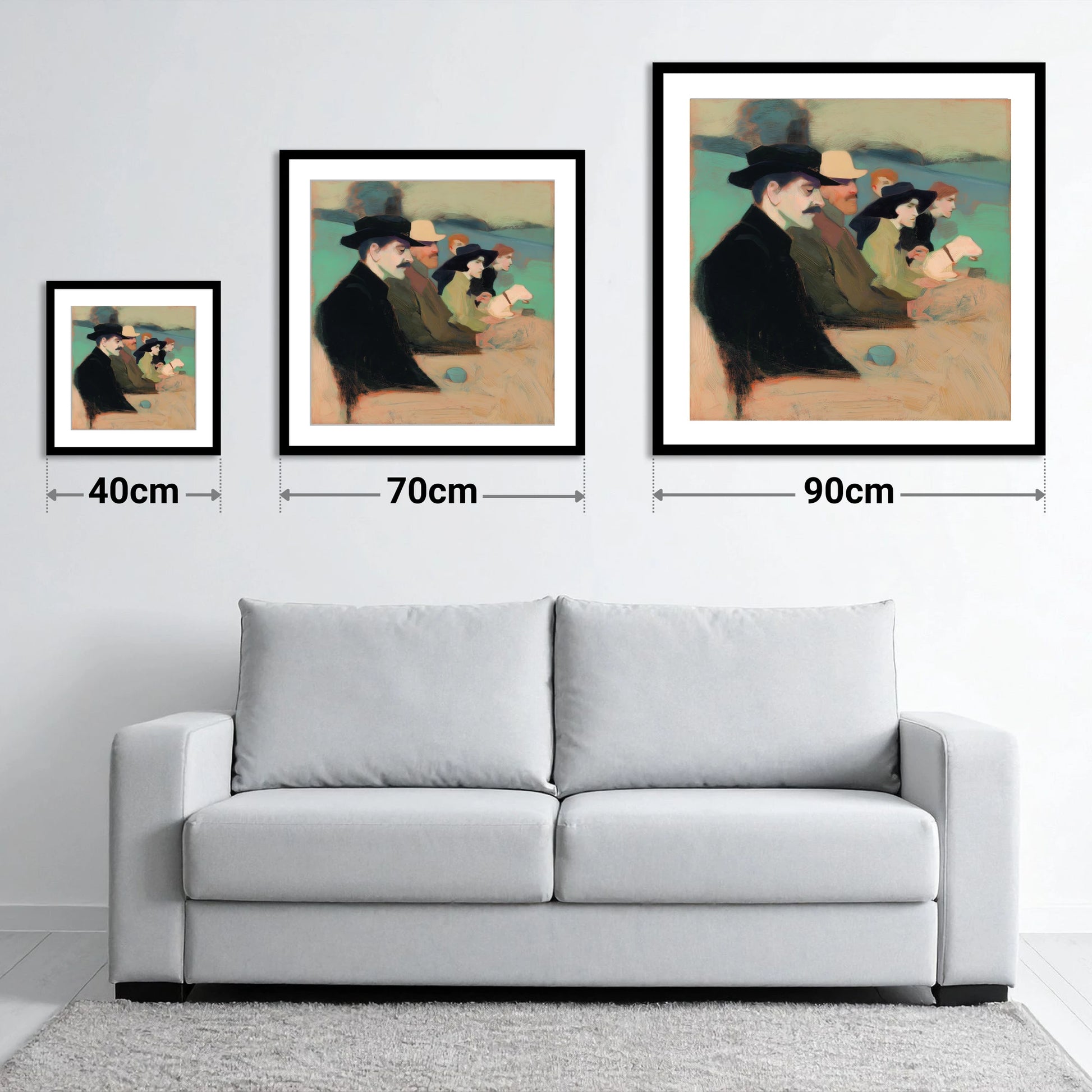 Gathering at the Rails - size guide showing 40cm, 70cm and 90cm art prints