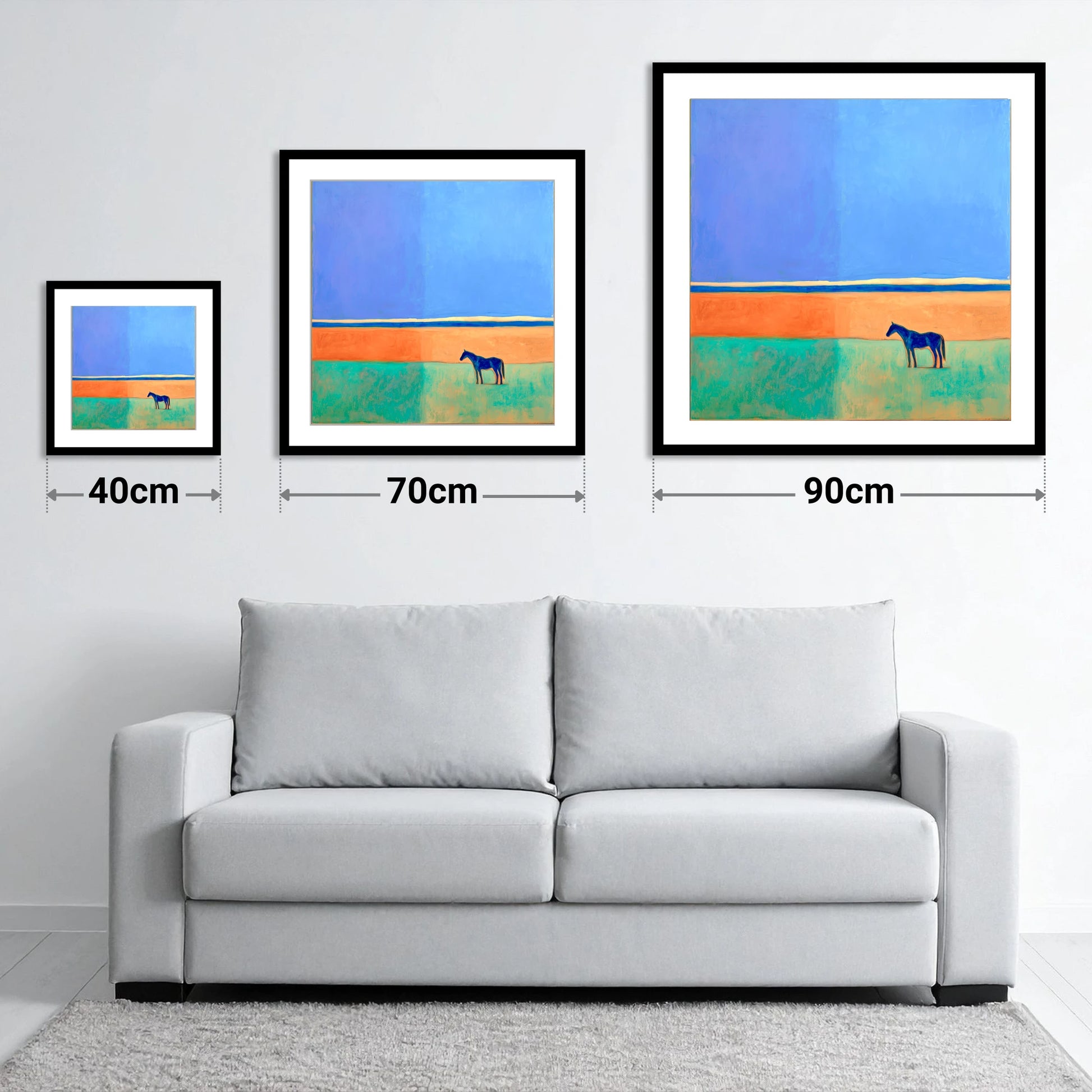 Cobalt Horizon - size guide showing 40cm, 70cm and 90cm art prints