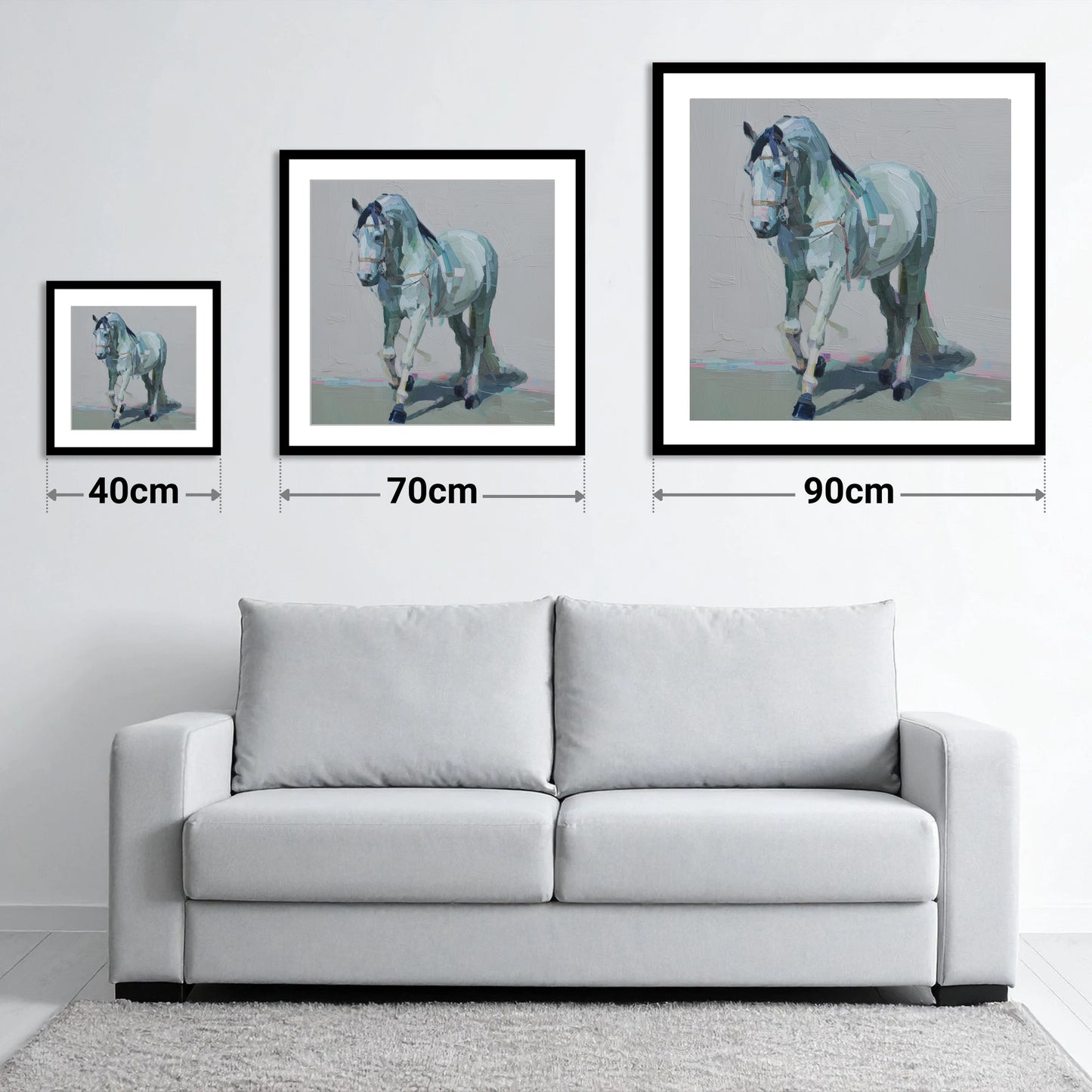 Quiet Strength in Grey - size guide showing 40cm, 70cm and 90cm art prints