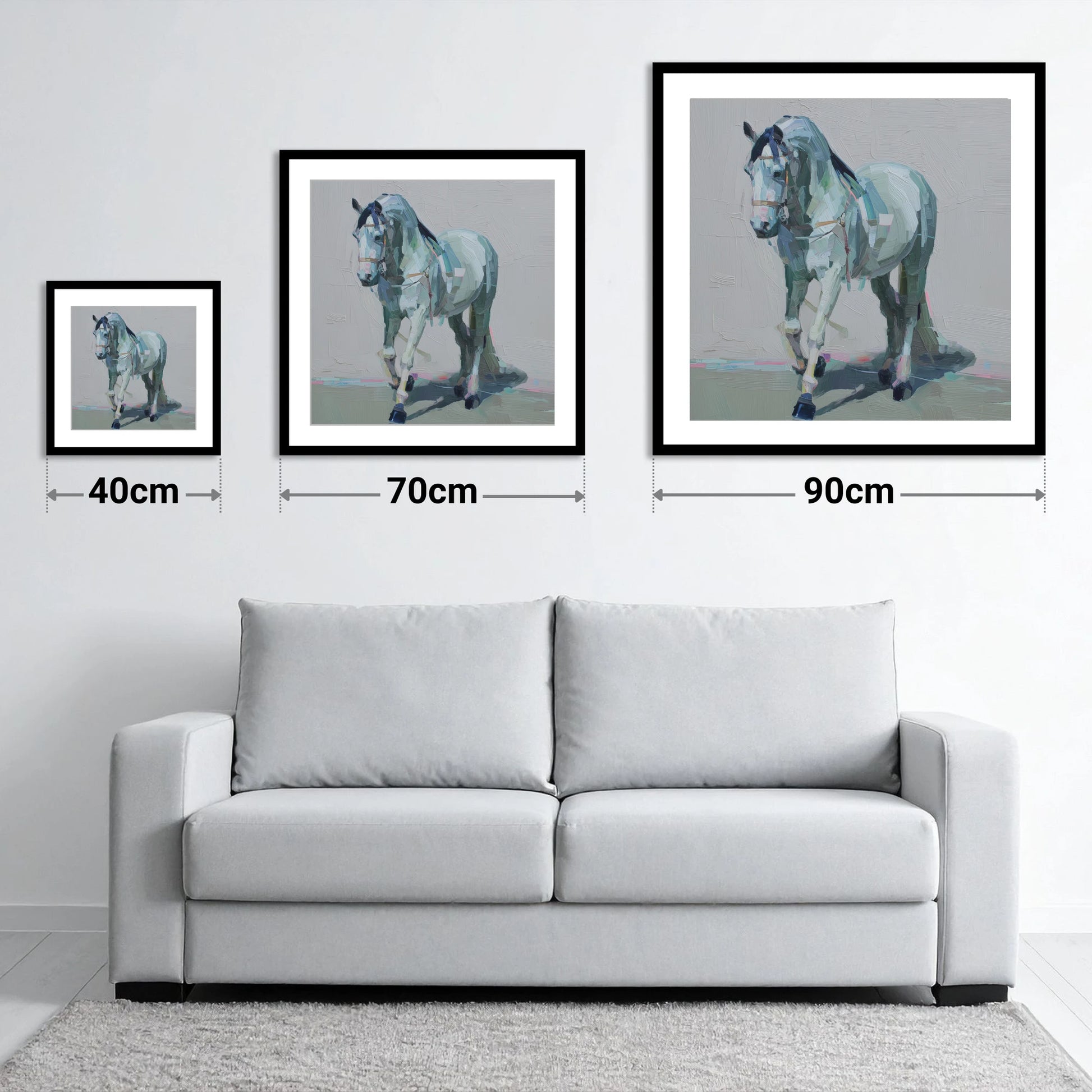 Quiet Strength in Grey - size guide showing 40cm, 70cm and 90cm art prints