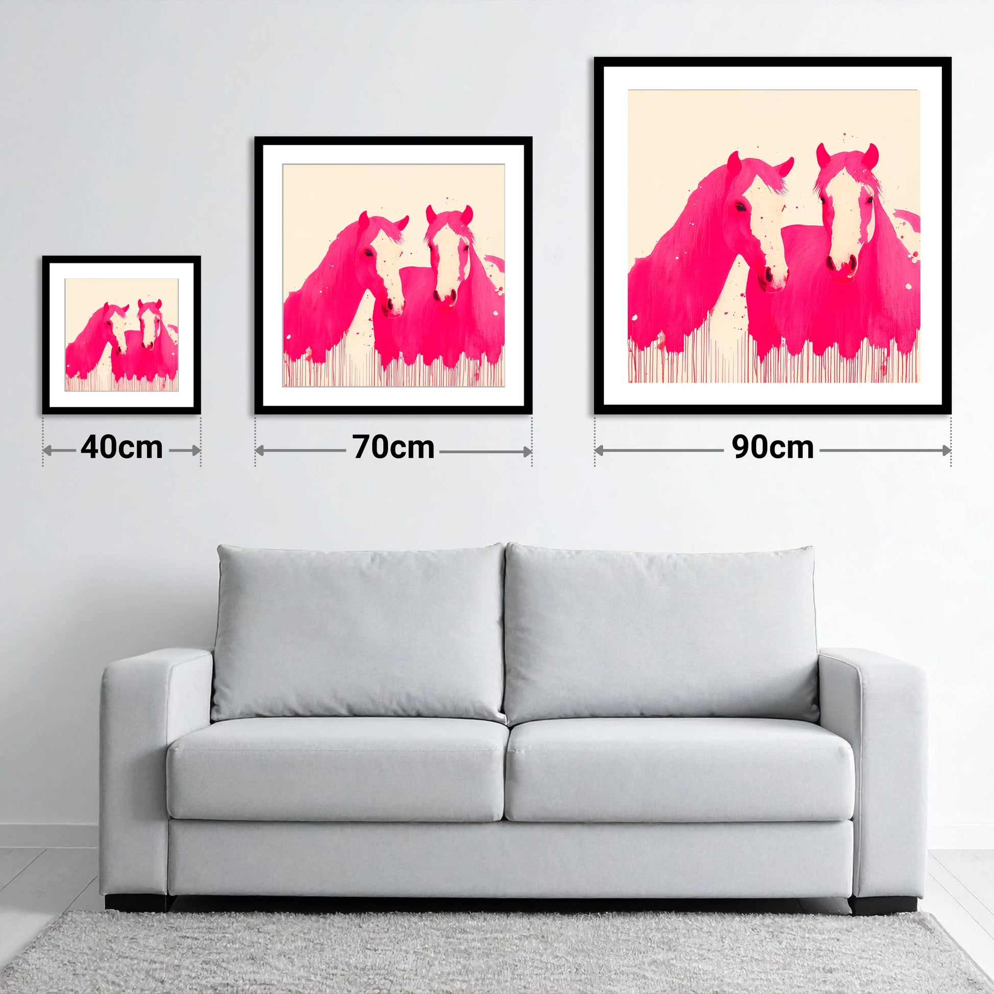 Vivid Magenta Pair - size guide showing 40cm, 70cm and 90cm art prints