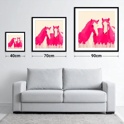 Vivid Magenta Pair - size guide showing 40cm, 70cm and 90cm art prints