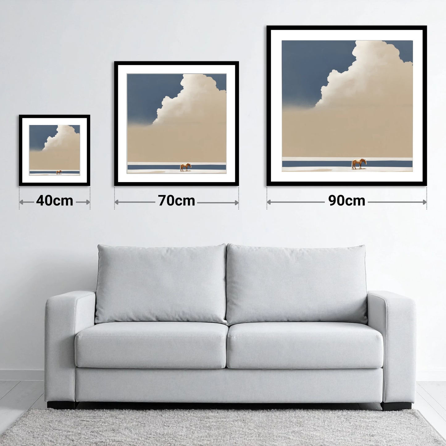 Vast Blue Expanse - size guide showing 40cm, 70cm and 90cm art prints