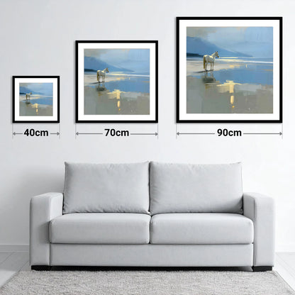 Solitary Coastal Gleam - size guide showing 40cm, 70cm and 90cm art prints