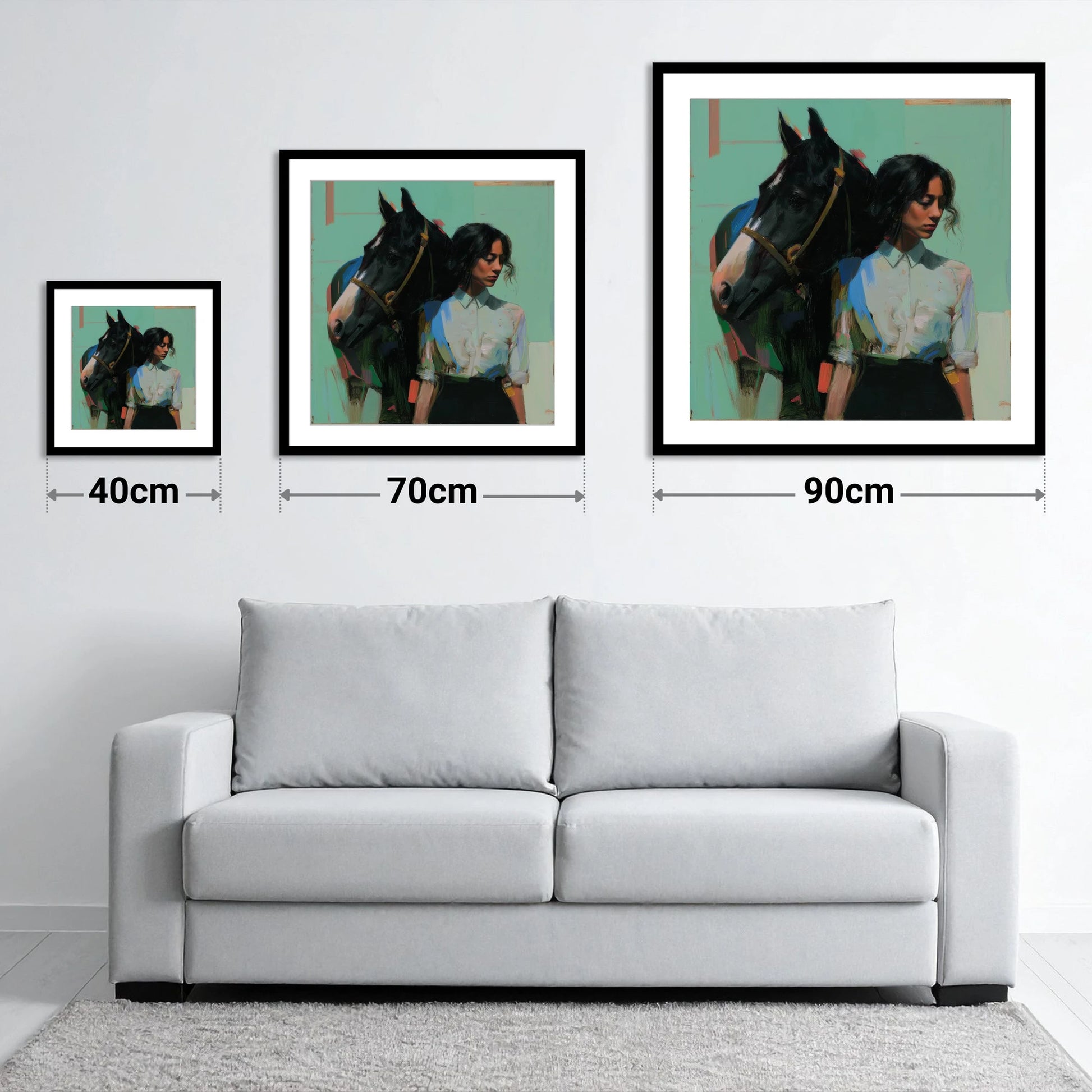 The Shared Silence - size guide showing 40cm, 70cm and 90cm art prints