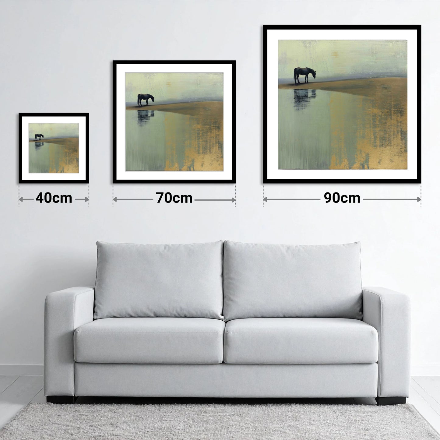 The Gilded Estuary - size guide showing 40cm, 70cm and 90cm art prints