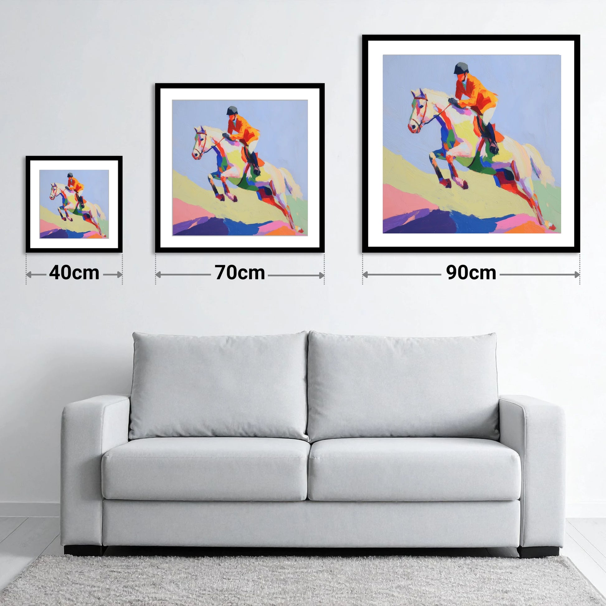 Technicolour Ascent - size guide showing 40cm, 70cm and 90cm art prints