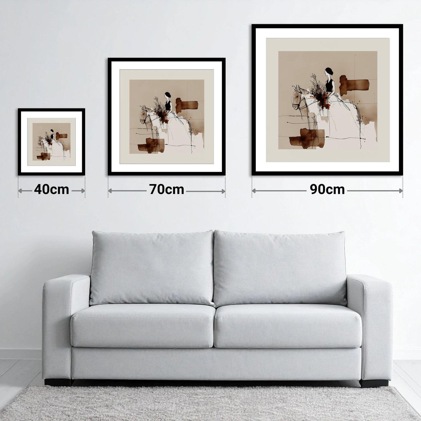 Graceful Partnership - size guide showing 40cm, 70cm and 90cm art prints