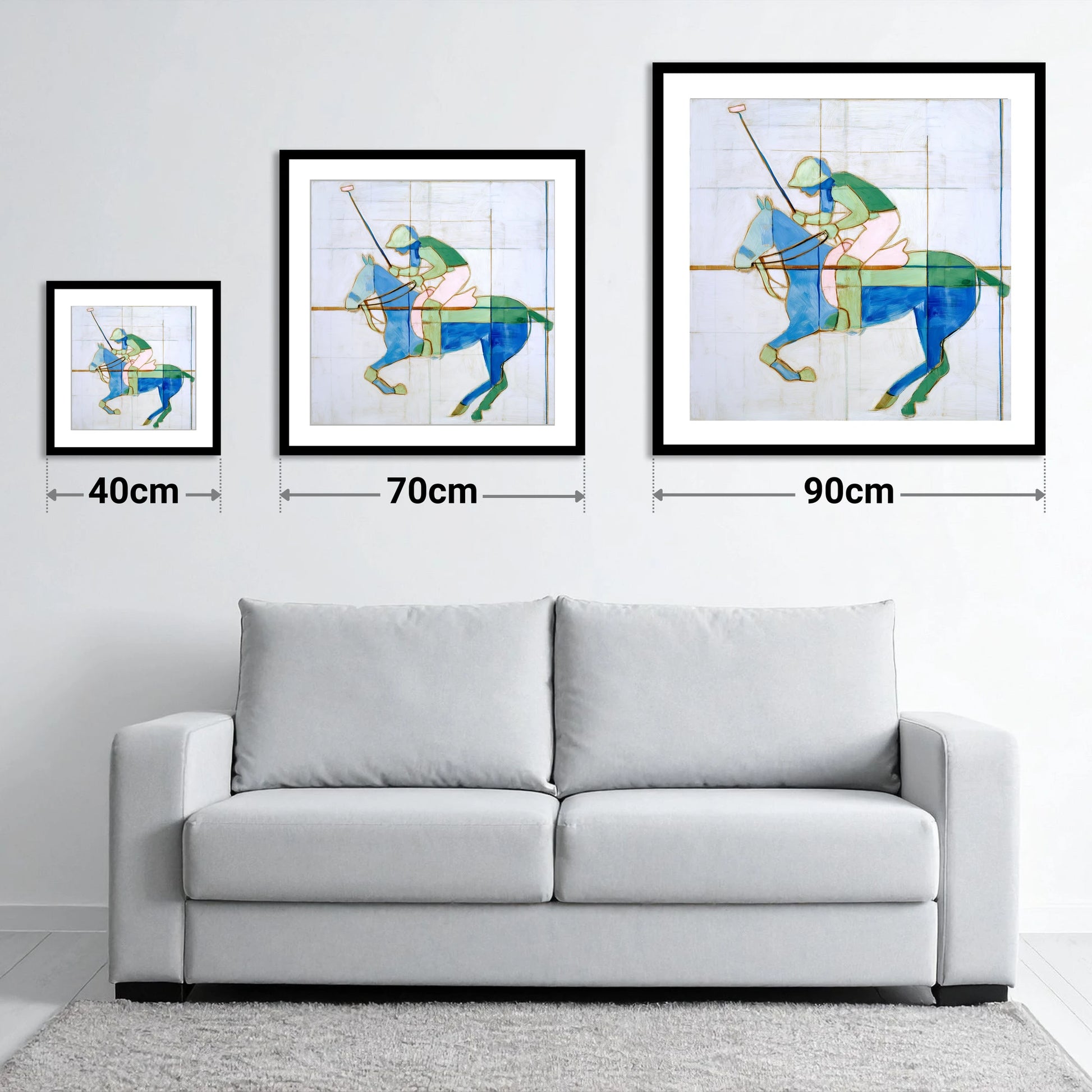 Azure Polo Rhythms - size guide showing 40cm, 70cm and 90cm art prints