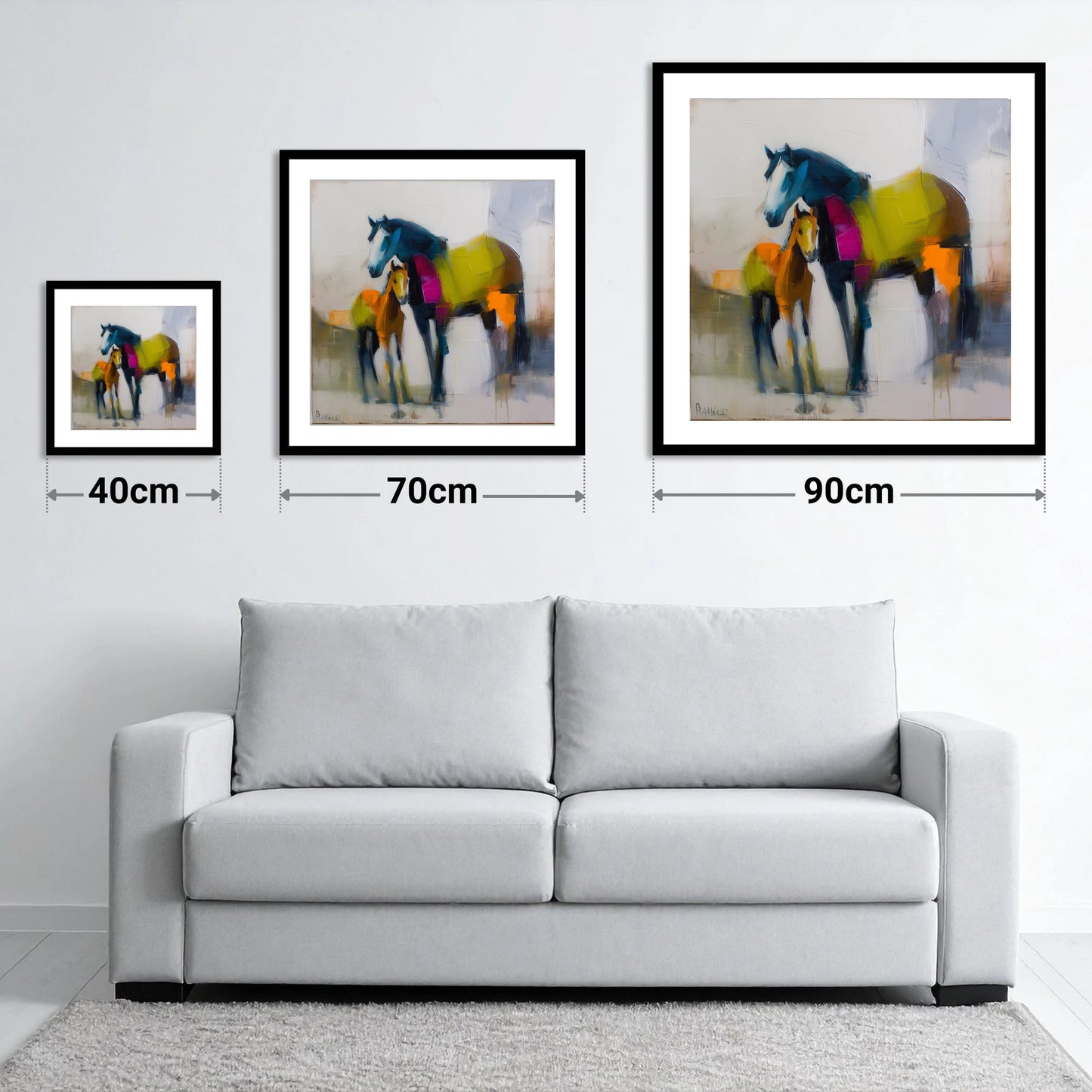 Vibrant Bond - size guide showing 40cm, 70cm and 90cm art prints