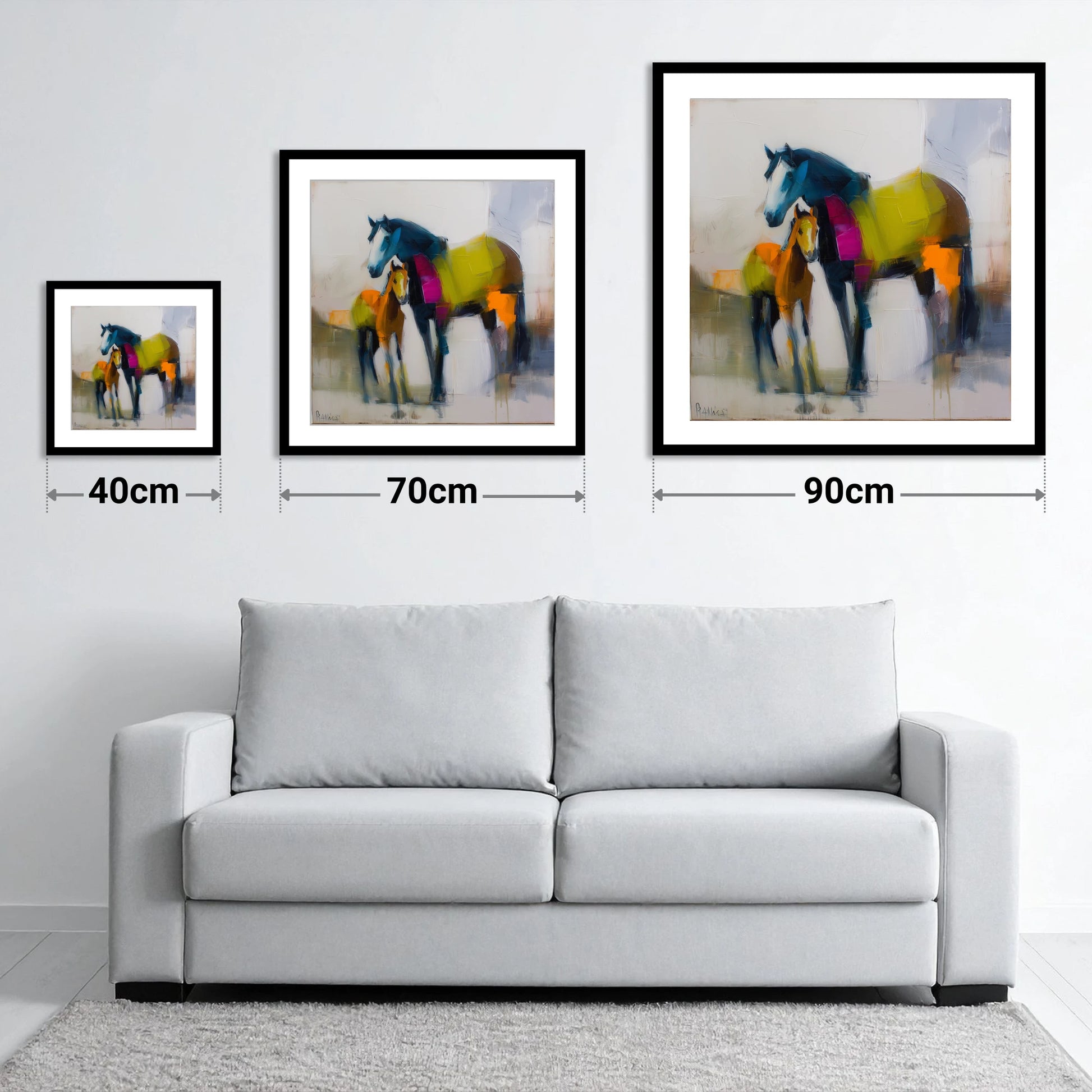 Vibrant Bond - size guide showing 40cm, 70cm and 90cm art prints