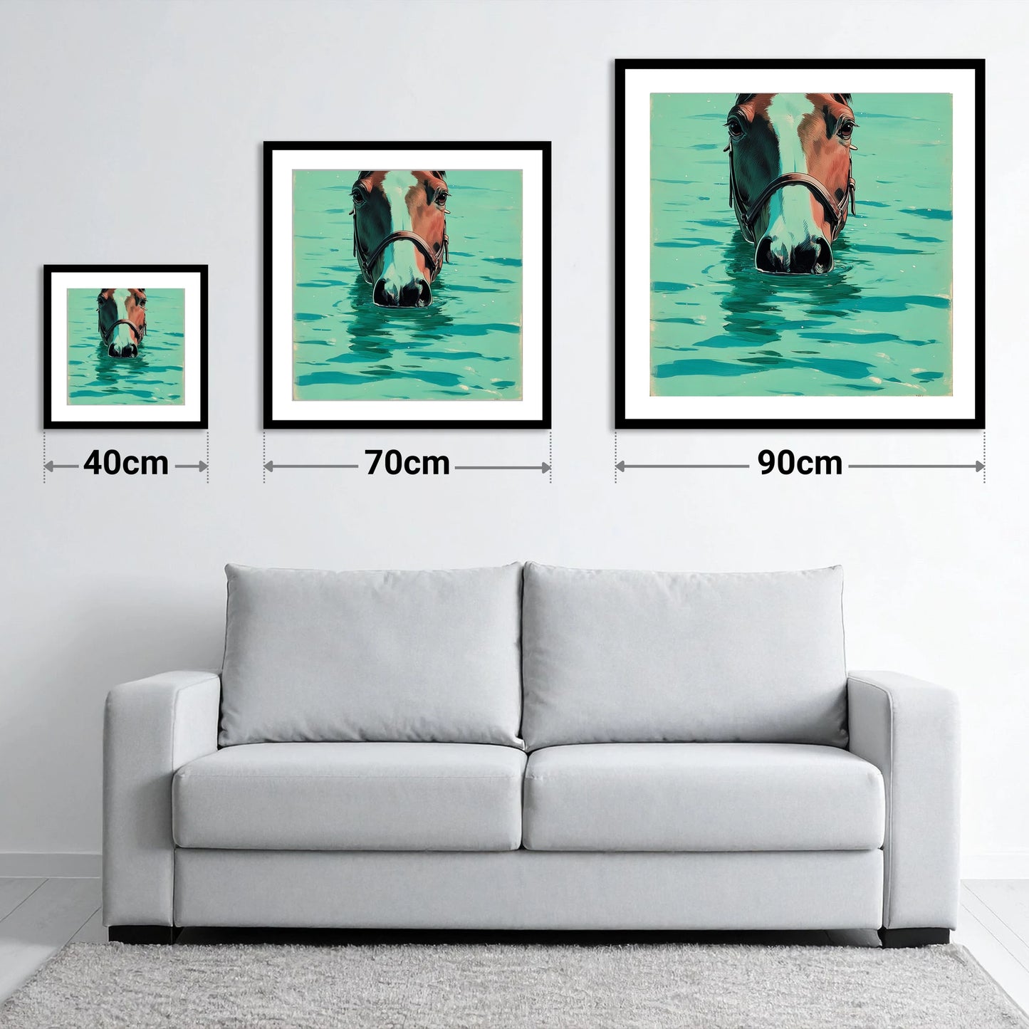 Teal Water Swim - size guide showing 40cm, 70cm and 90cm art prints