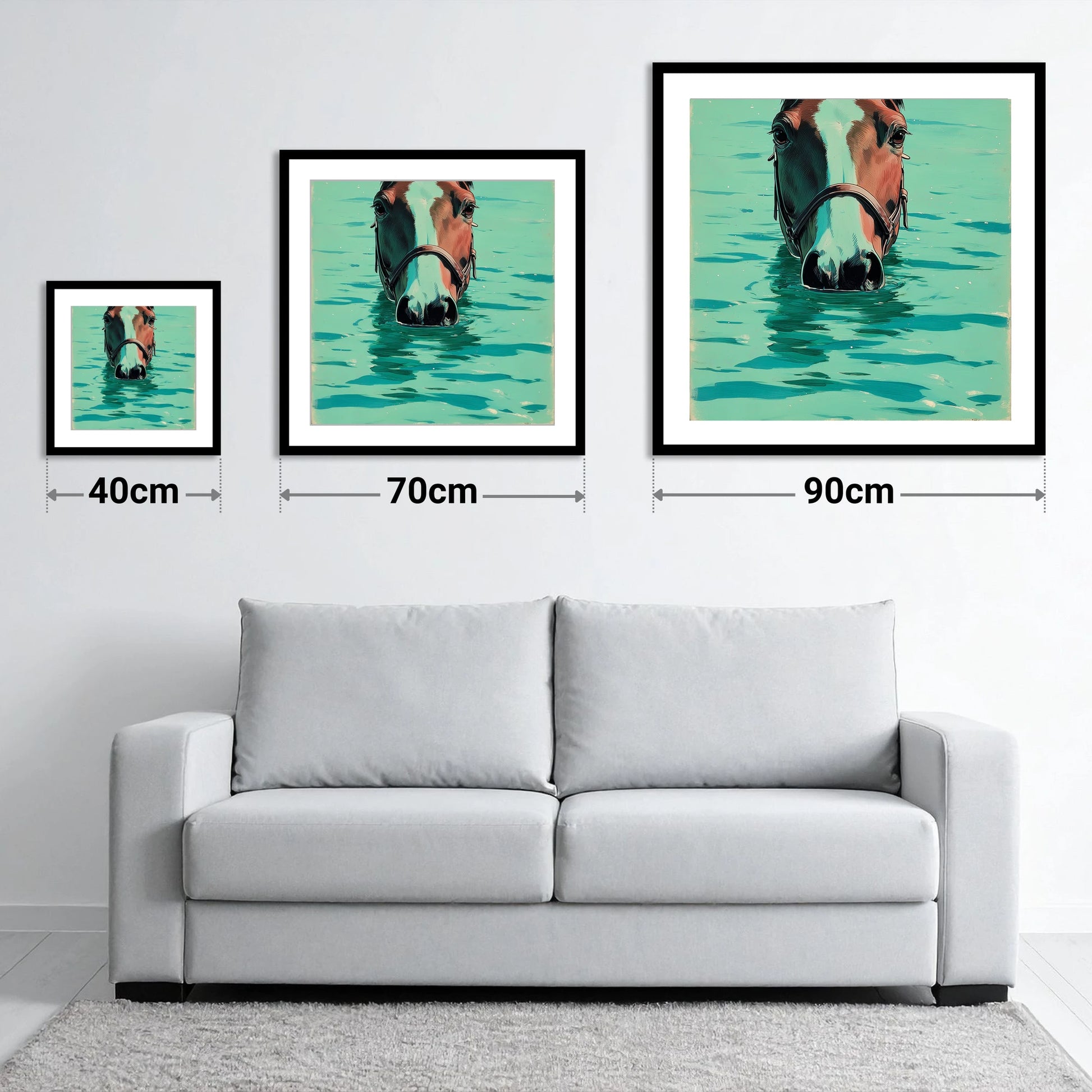 Teal Water Swim - size guide showing 40cm, 70cm and 90cm art prints