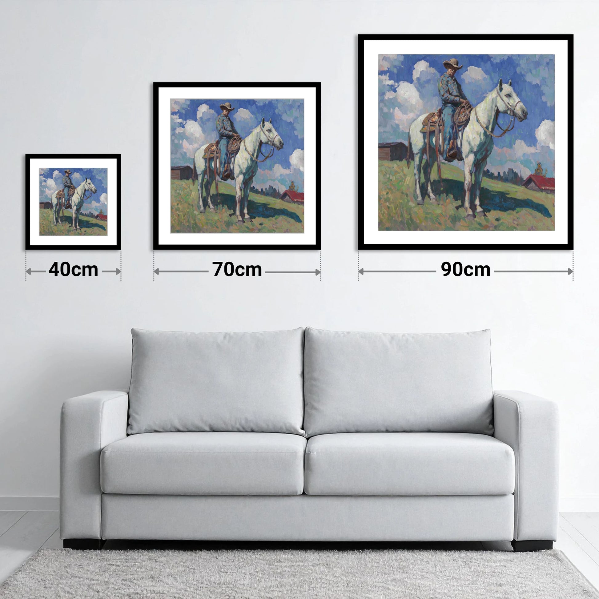 Under A Western Sky - size guide showing 40cm, 70cm and 90cm art prints