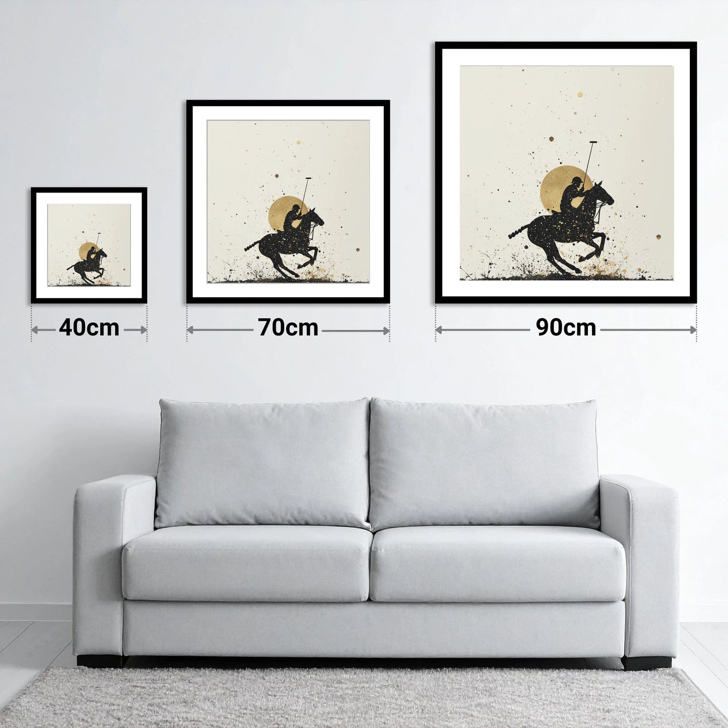 Golden Chukka Eclipse - size guide showing 40cm, 70cm and 90cm art prints