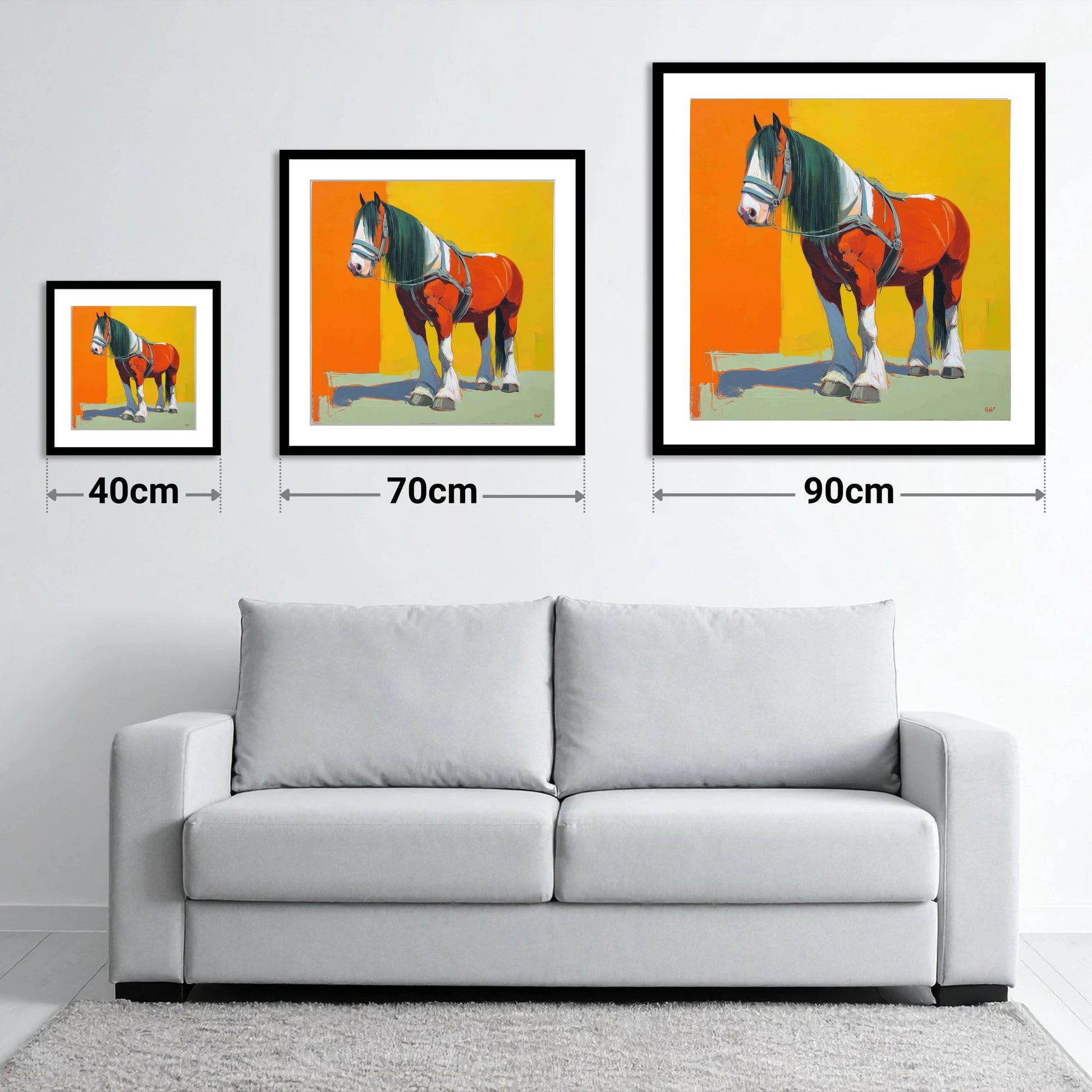The Vibrant Draught - size guide showing 40cm, 70cm and 90cm art prints