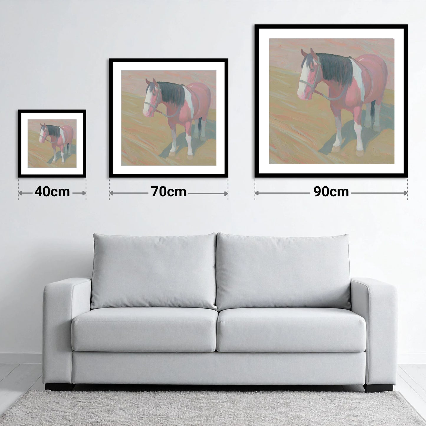 The Gentle Skewbald - size guide showing 40cm, 70cm and 90cm art prints