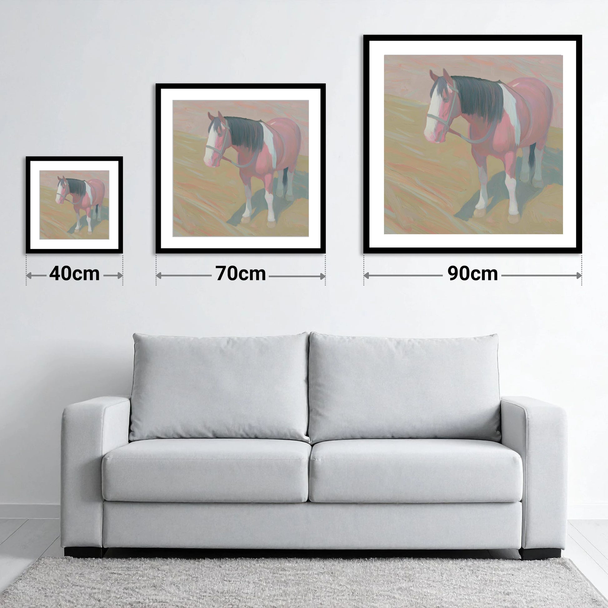The Gentle Skewbald - size guide showing 40cm, 70cm and 90cm art prints
