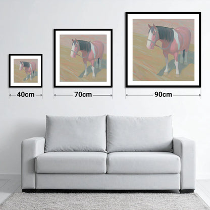 The Gentle Skewbald - size guide showing 40cm, 70cm and 90cm art prints