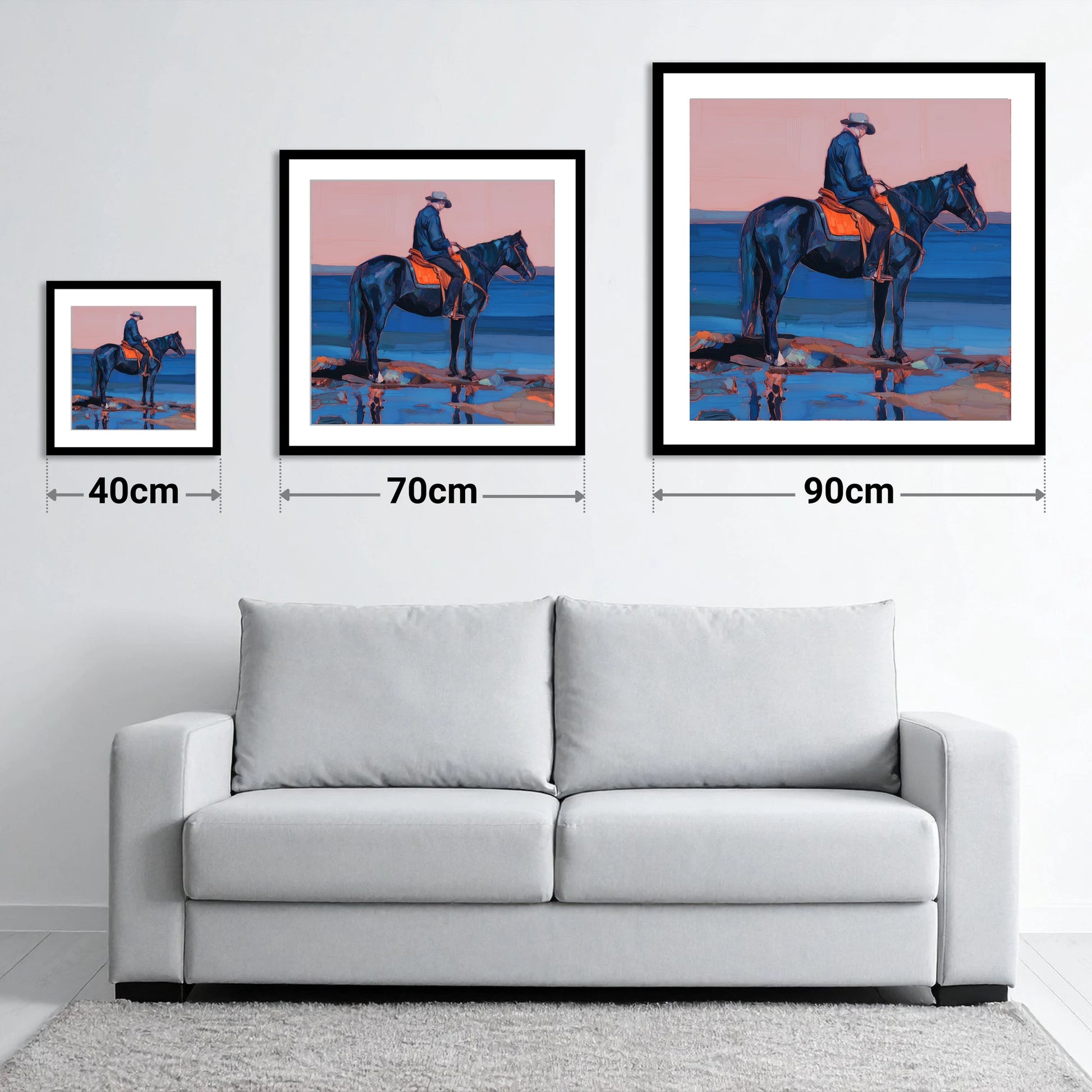 Indigo Shoreline Rider - size guide showing 40cm, 70cm and 90cm art prints