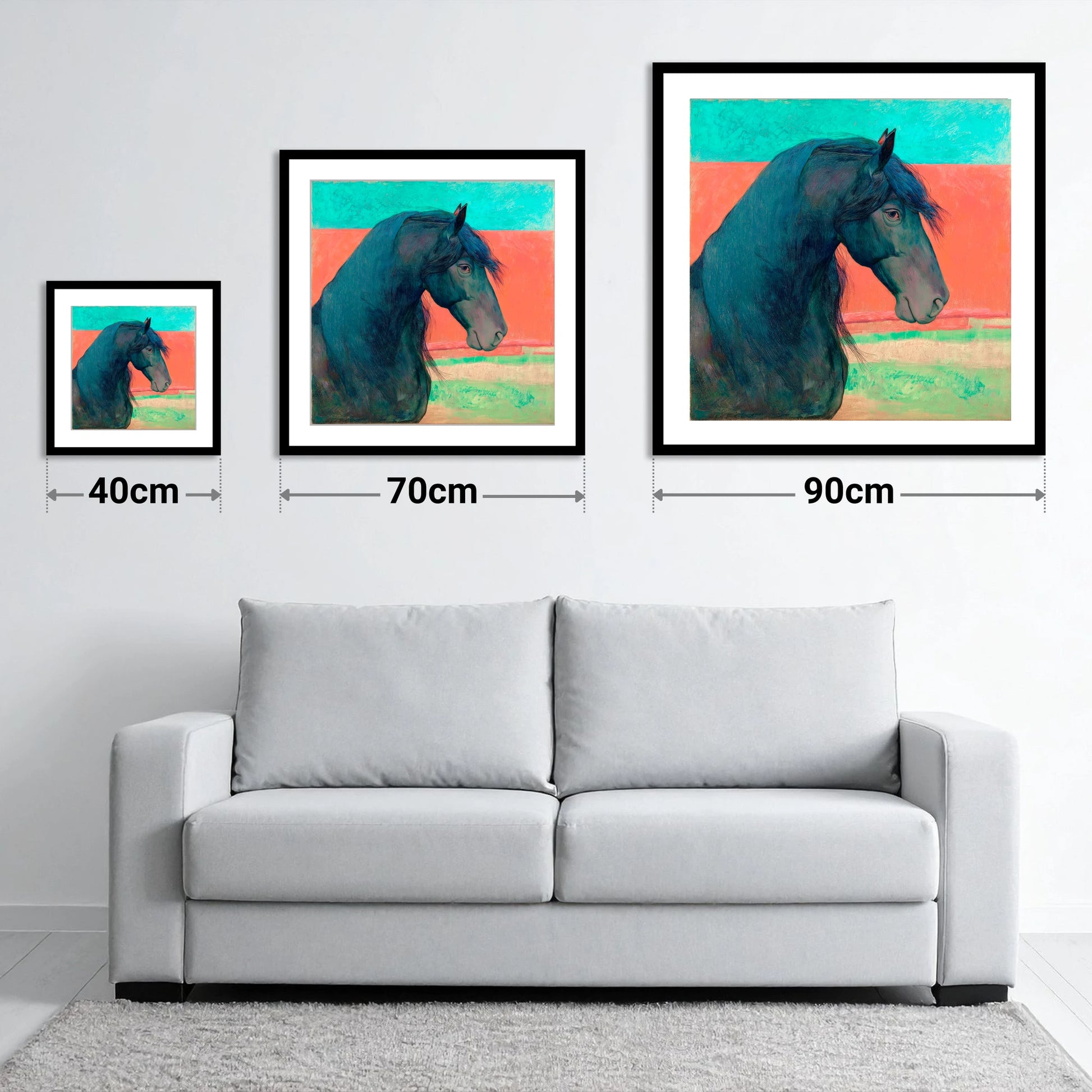 Crimson Horizon Friesian - size guide showing 40cm, 70cm and 90cm art prints