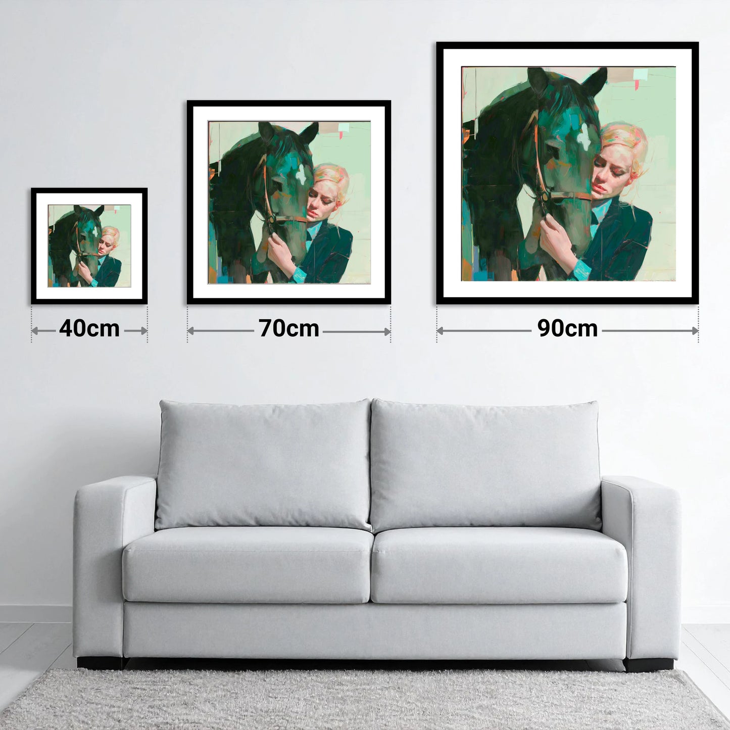 Quiet Connection - size guide showing 40cm, 70cm and 90cm art prints