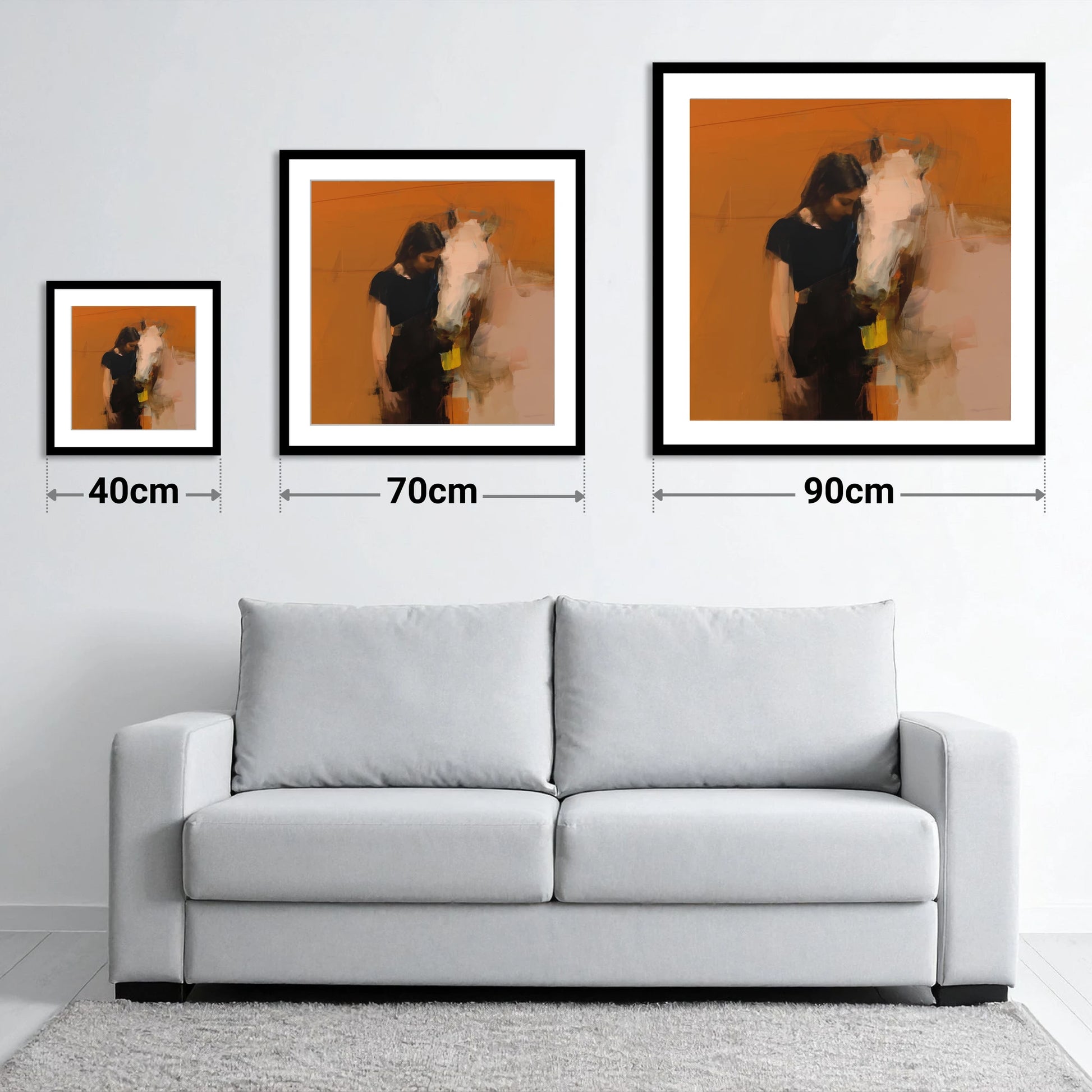 Unspoken Bond - size guide showing 40cm, 70cm and 90cm art prints
