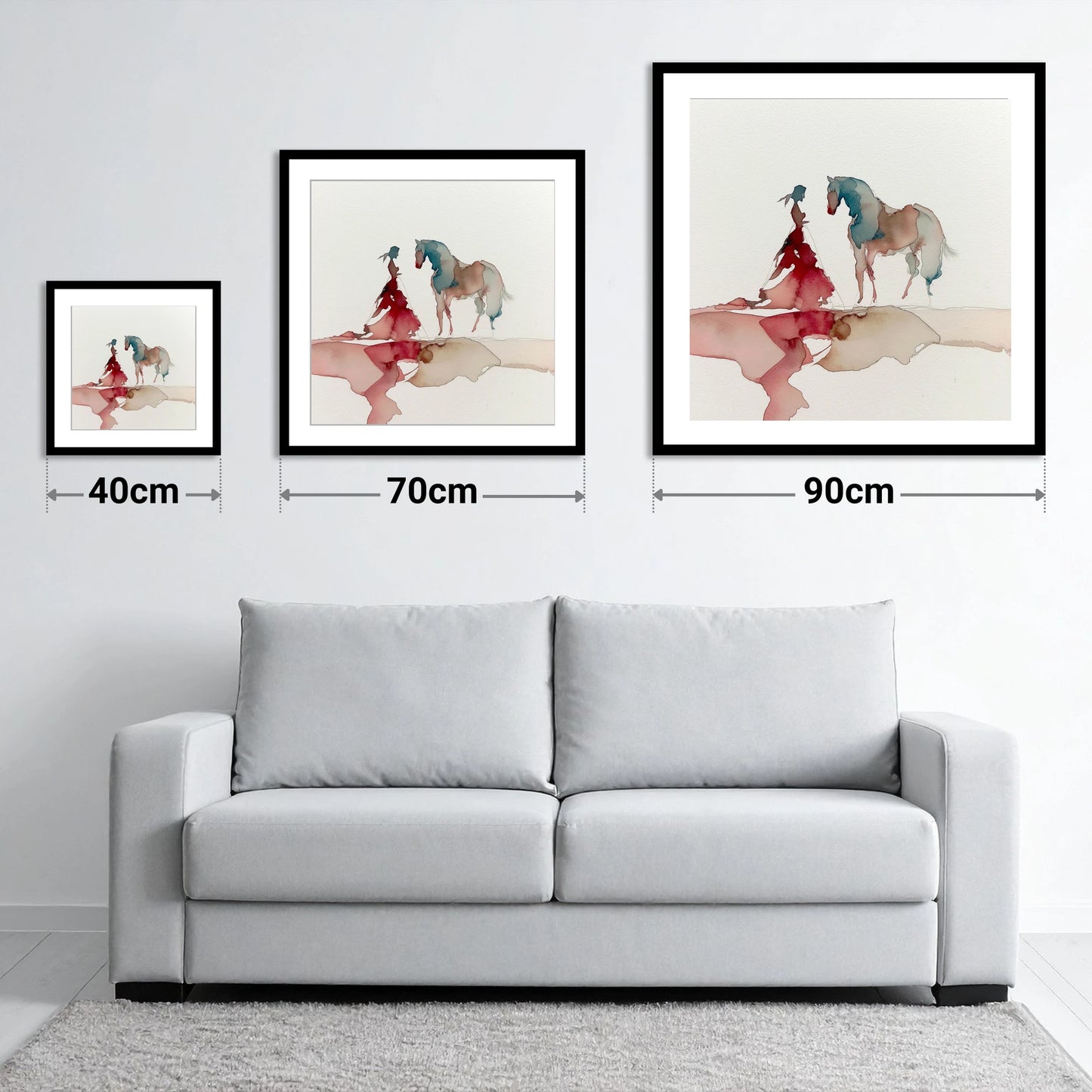 Ethereal Bond - size guide showing 40cm, 70cm and 90cm art prints