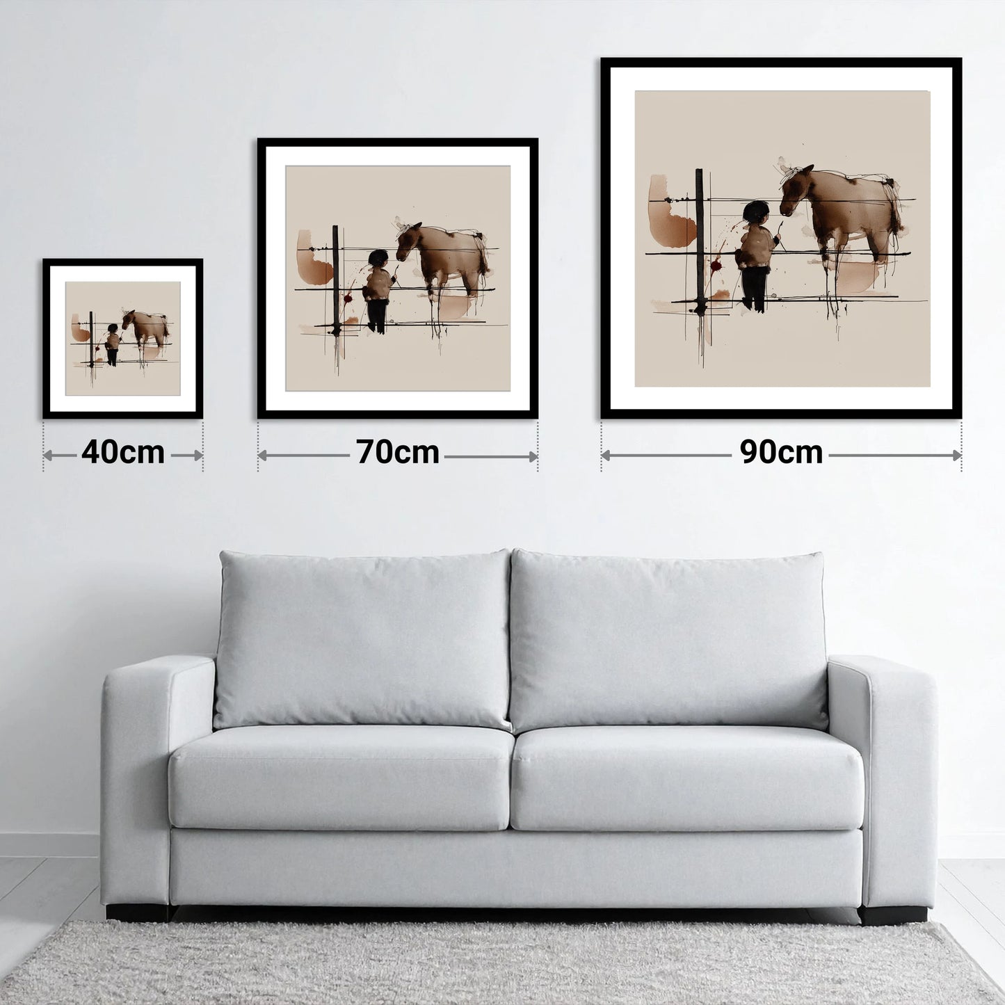 A Quiet Connection - size guide showing 40cm, 70cm and 90cm art prints