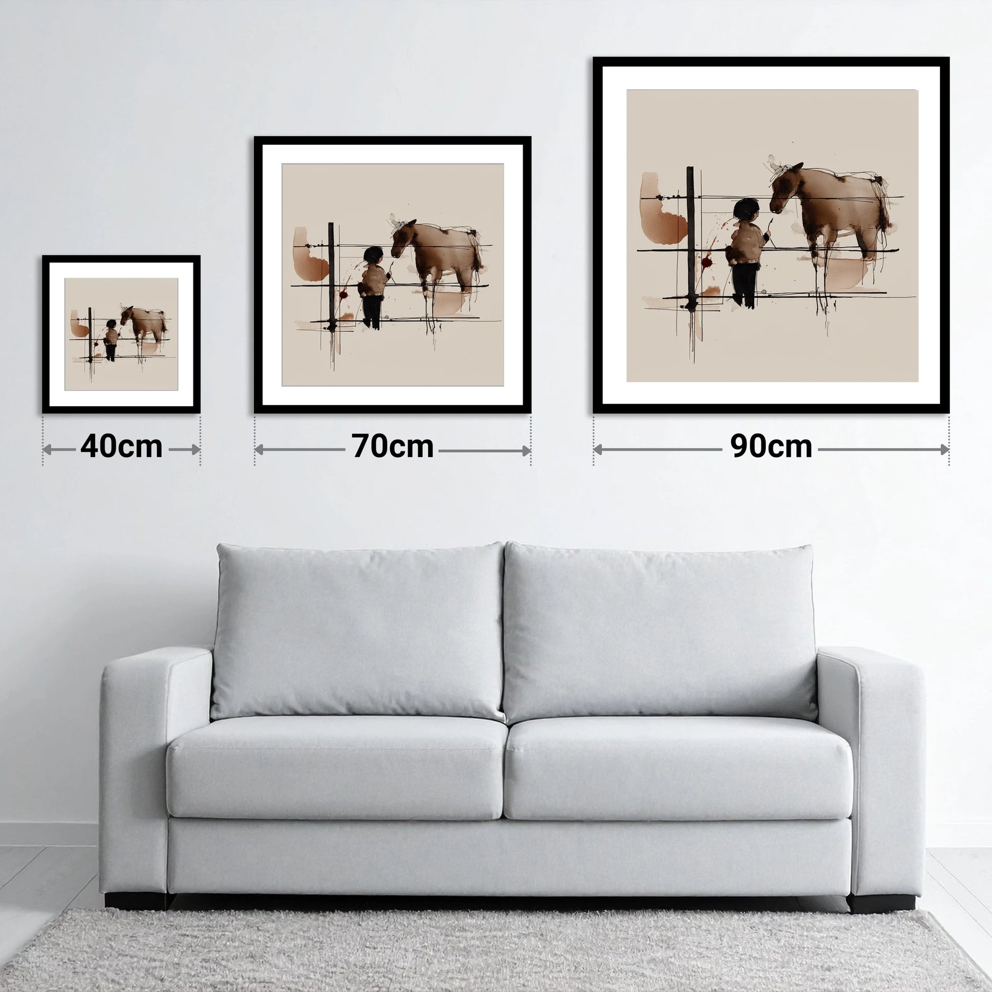 A Quiet Connection - size guide showing 40cm, 70cm and 90cm art prints