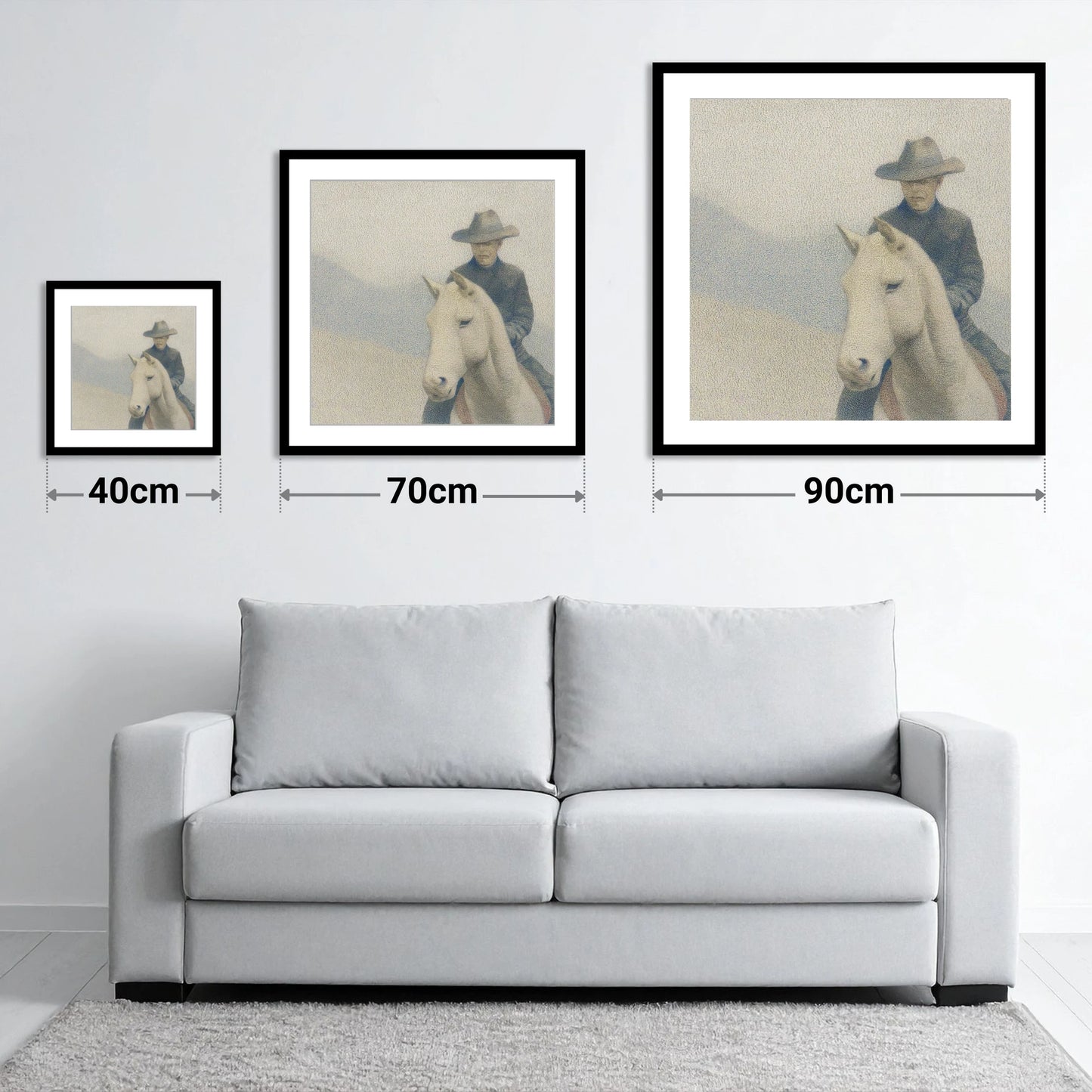 The Quiet Trail - size guide showing 40cm, 70cm and 90cm art prints