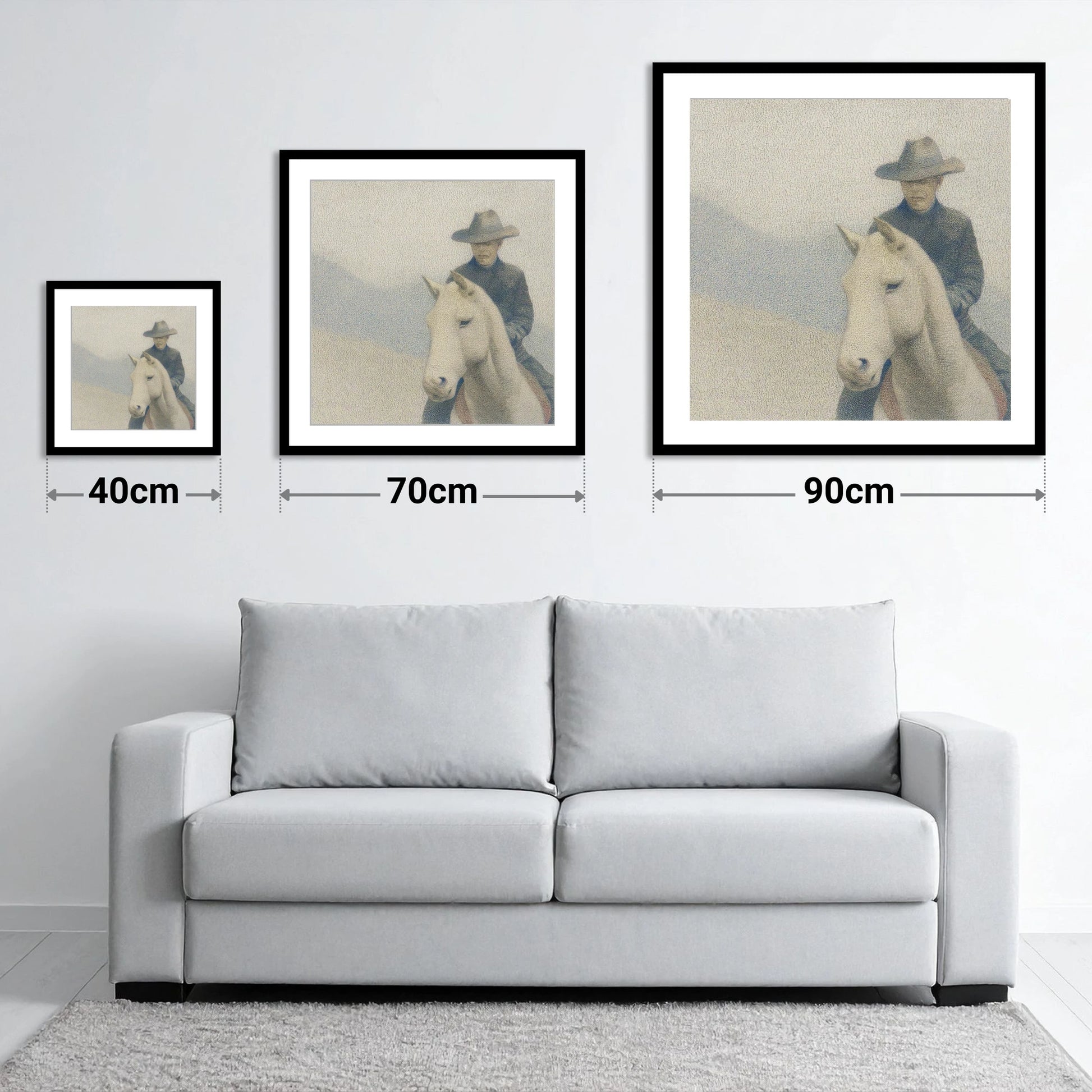 The Quiet Trail - size guide showing 40cm, 70cm and 90cm art prints